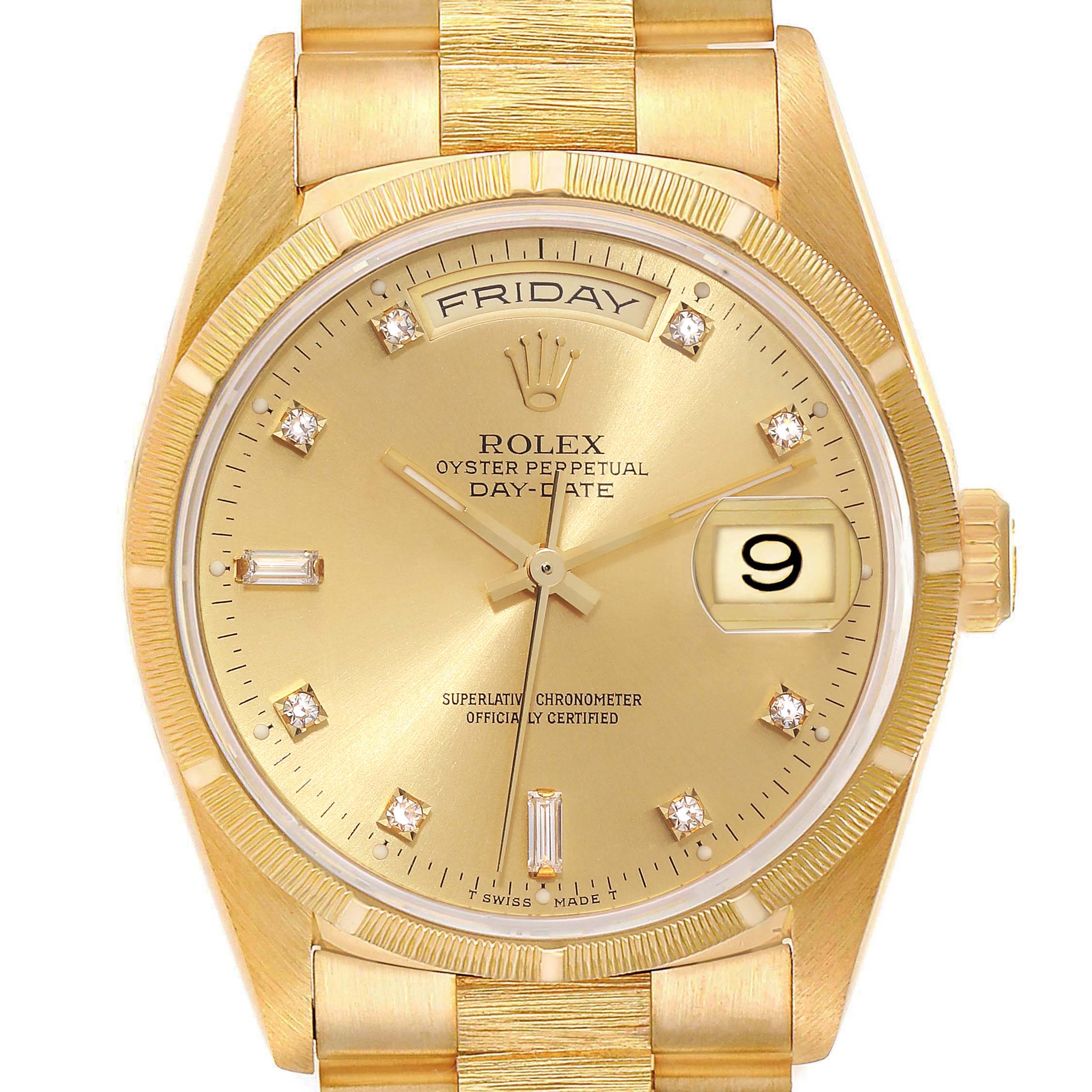Rolex President Day-Date Yellow Gold Bark Diamond Dial Mens Watch 18248 Box Card