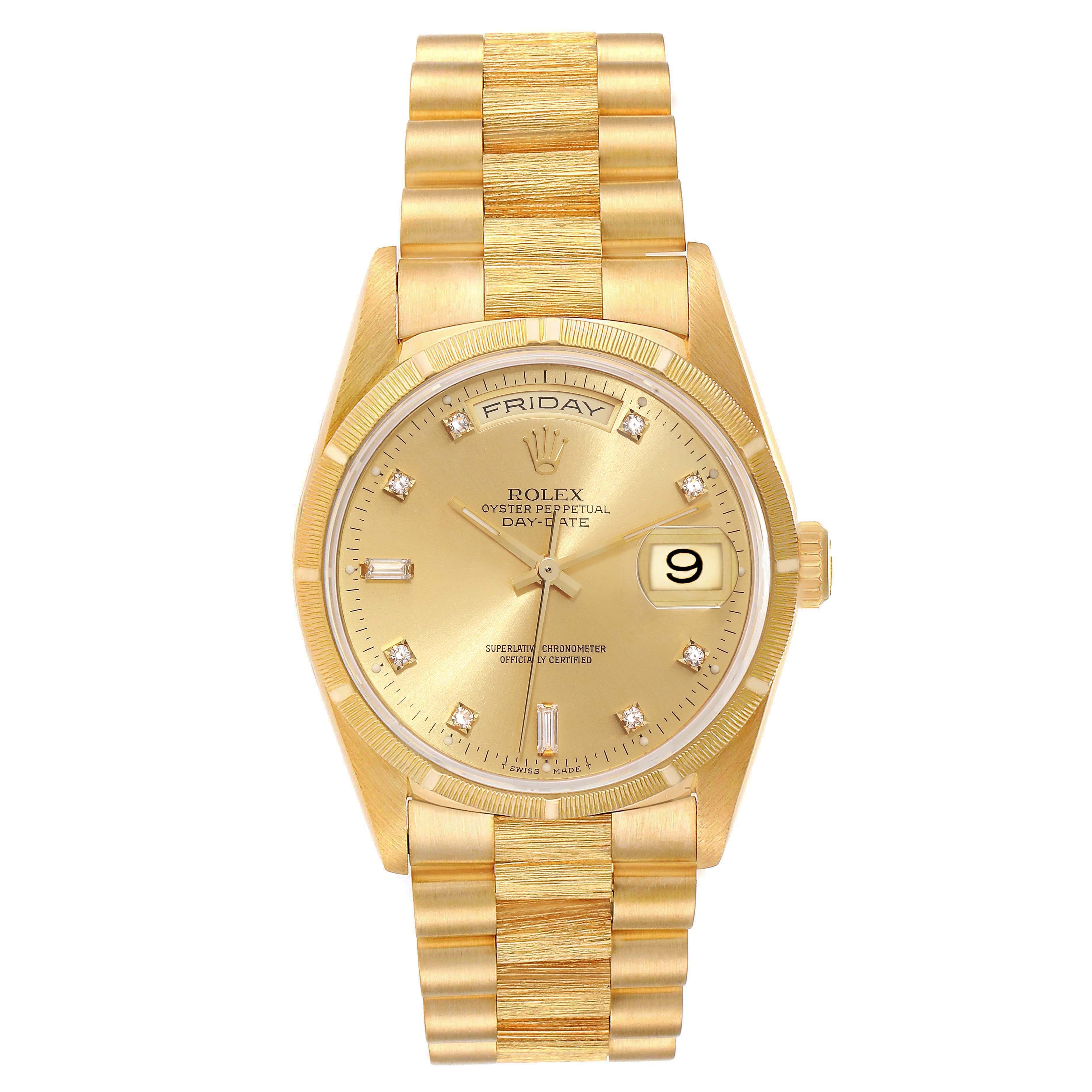 Rolex President Day-Date Yellow Gold Bark Diamond Dial Mens Watch 18248 Box Card