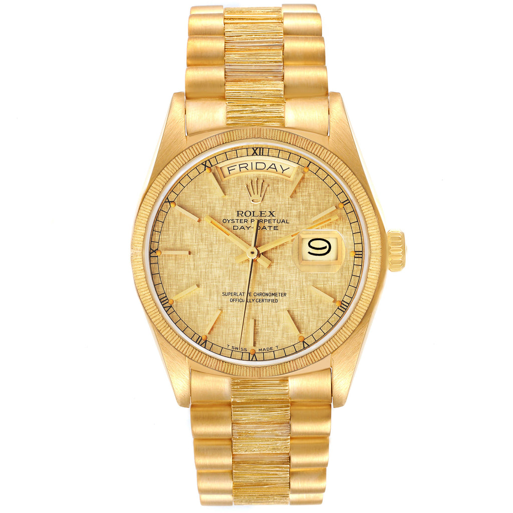 Rolex President Day-Date Yellow Gold Bark Finish Linen Dial Mens Watch 18078