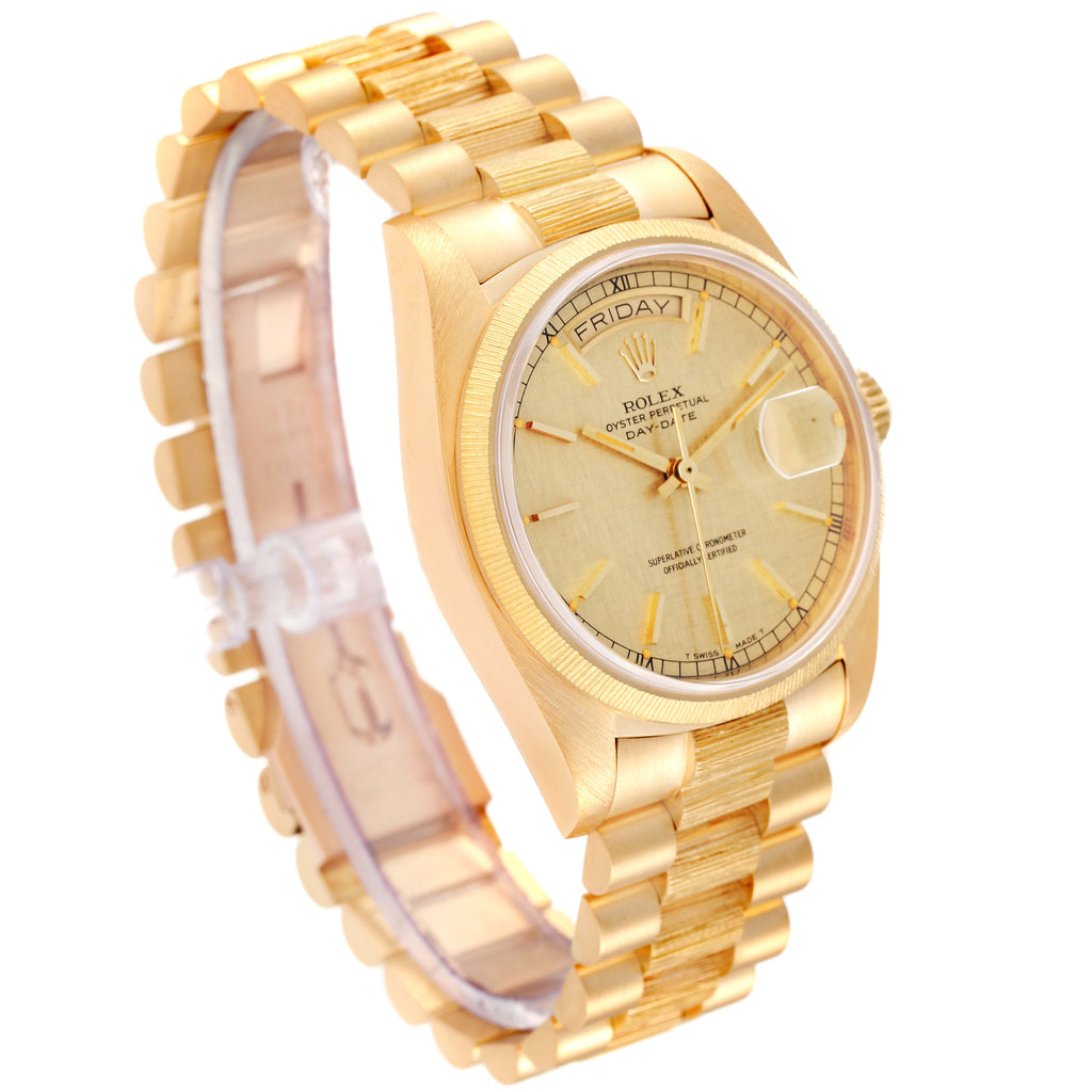 Rolex President Day-Date Yellow Gold Bark Finish Linen Dial Mens Watch 18078
