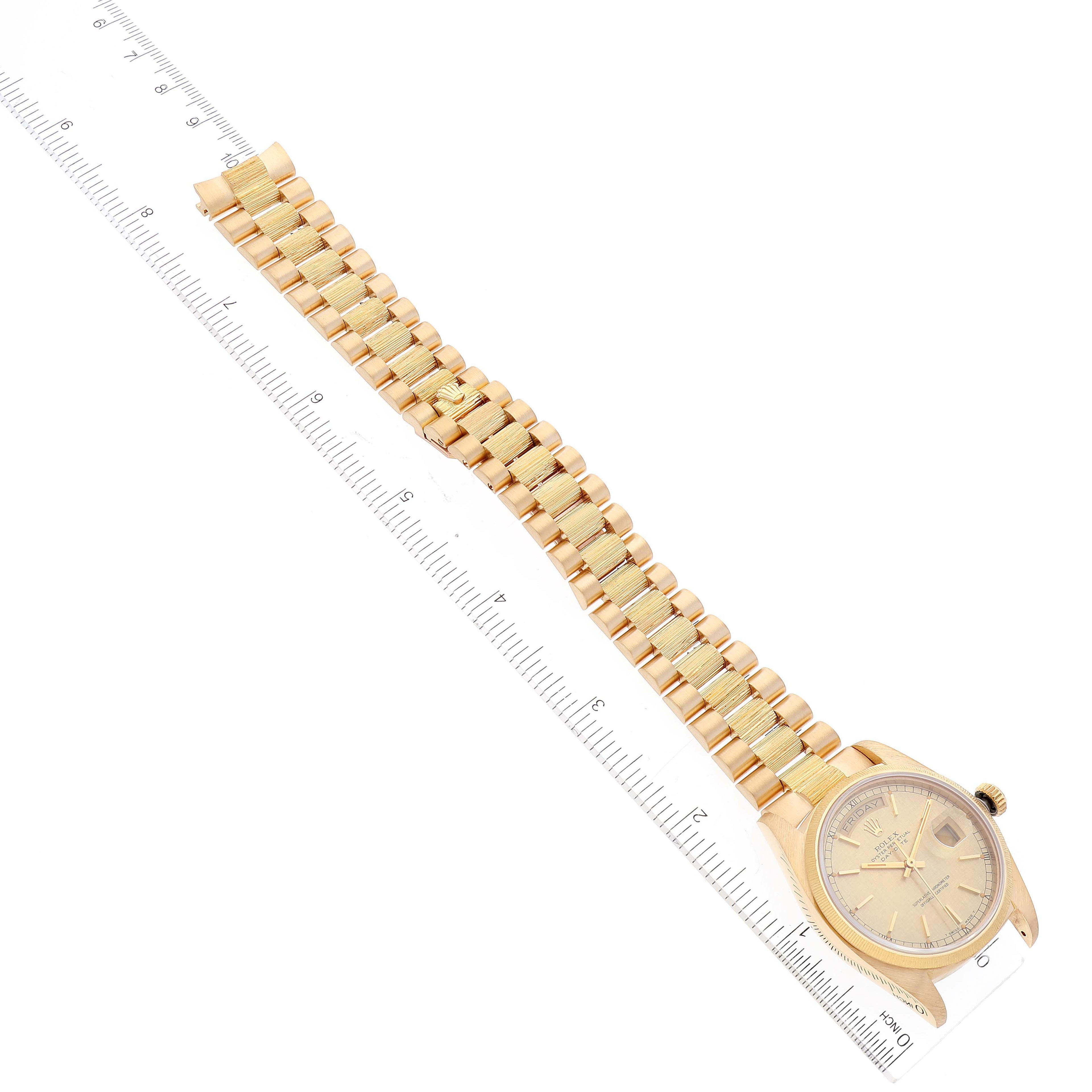 Rolex President Day-Date Yellow Gold Bark Finish Linen Dial Mens Watch 18078