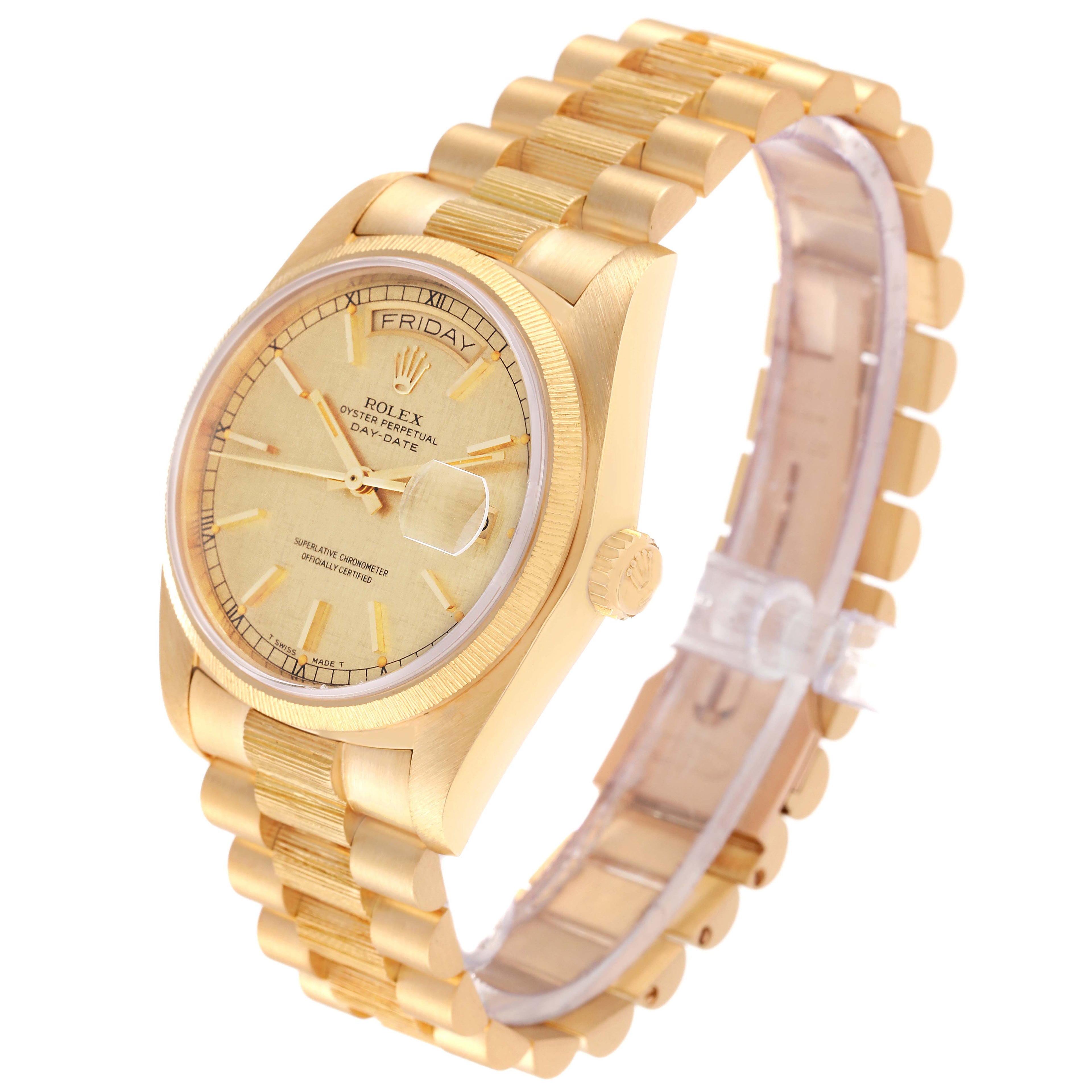 Rolex President Day-Date Yellow Gold Bark Finish Linen Dial Mens Watch 18078
