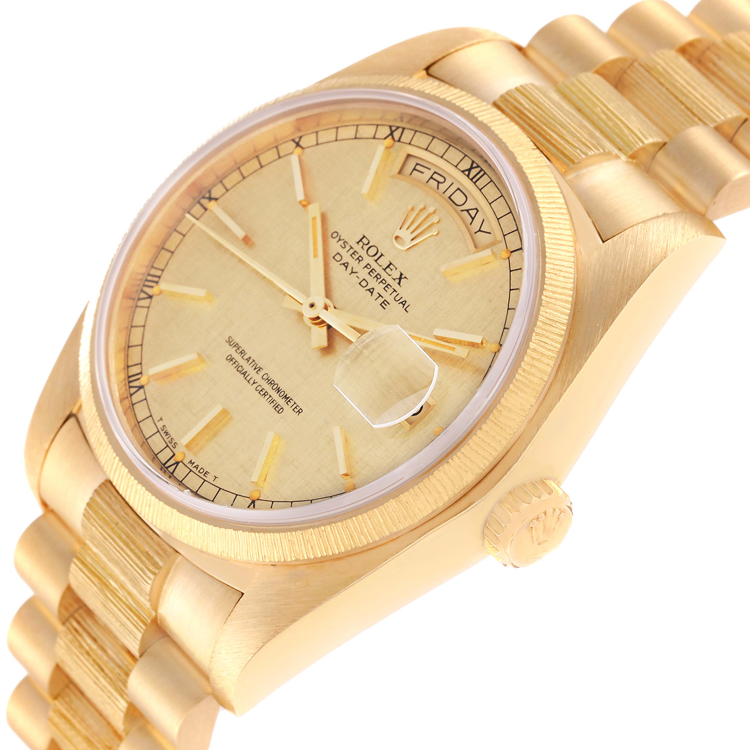 Rolex President Day-Date Yellow Gold Bark Finish Linen Dial Mens Watch 18078