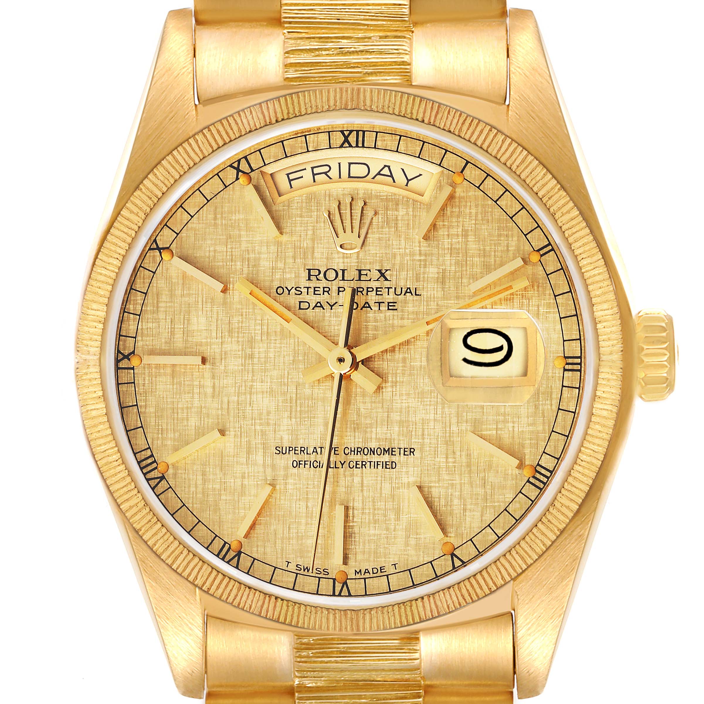 Rolex President Day-Date Yellow Gold Bark Finish Linen Dial Mens Watch 18078