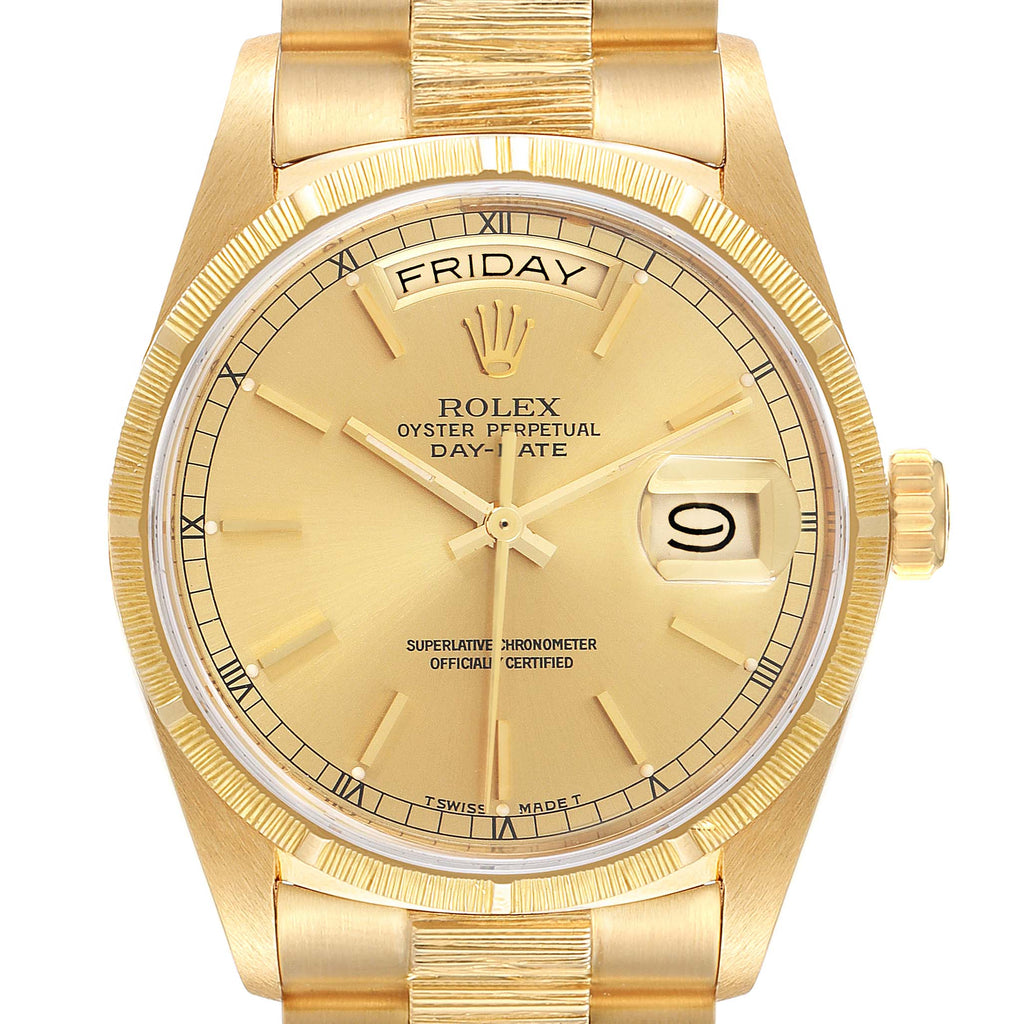 Rolex President Day-Date Bark Finish Yellow Gold Mens Watch 18078