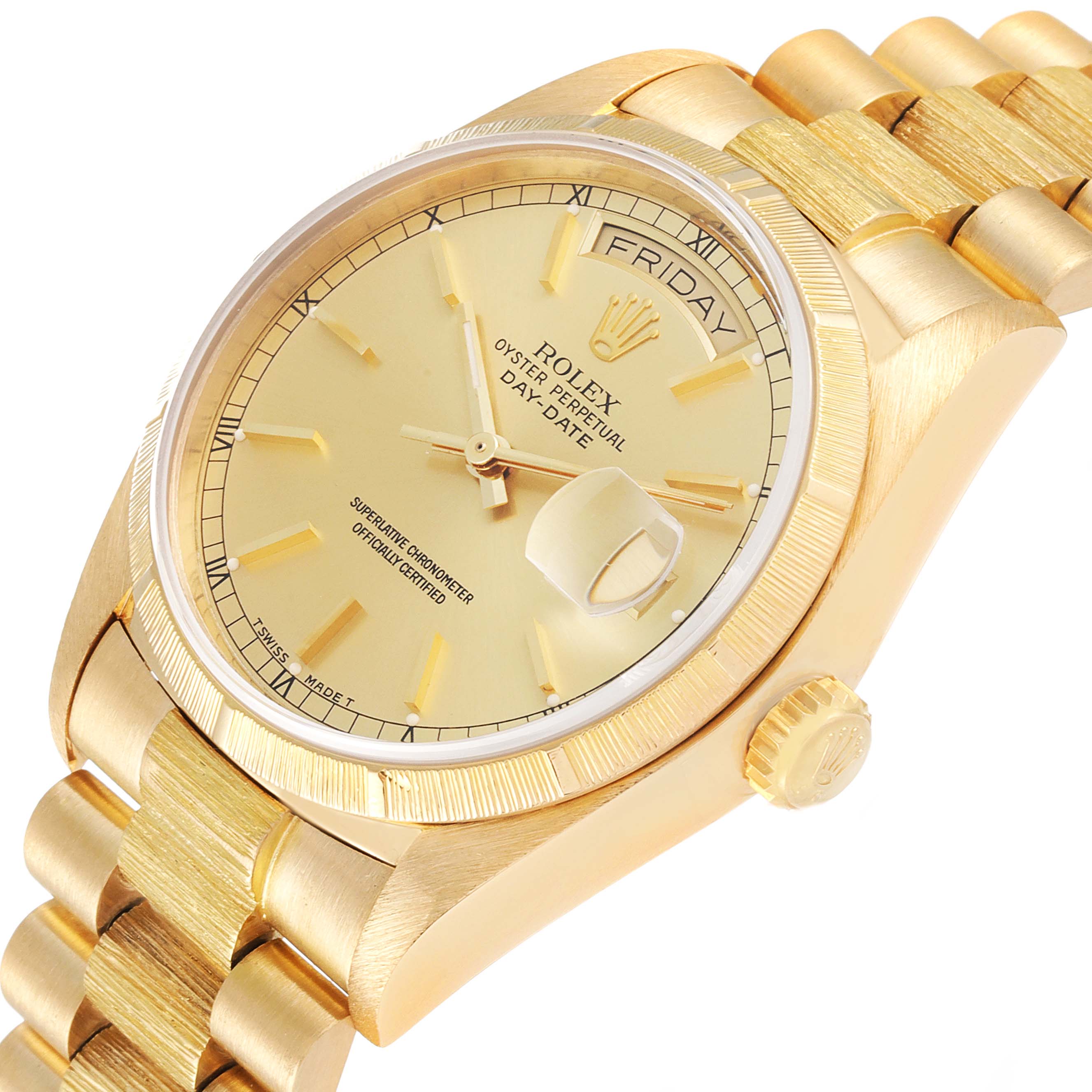 Rolex President Day-Date Bark Finish Yellow Gold Mens Watch 18078