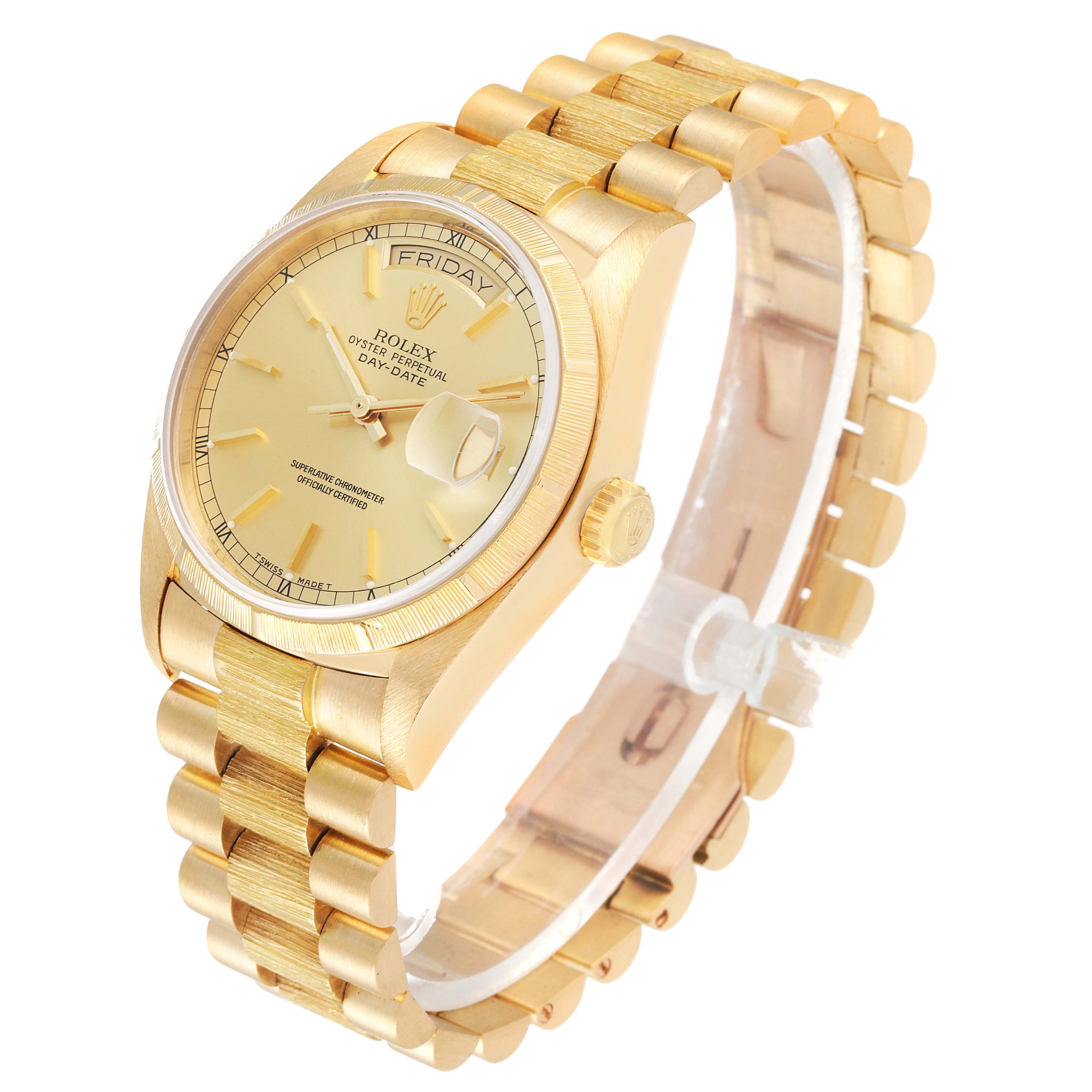 Rolex President Day-Date Bark Finish Yellow Gold Mens Watch 18078