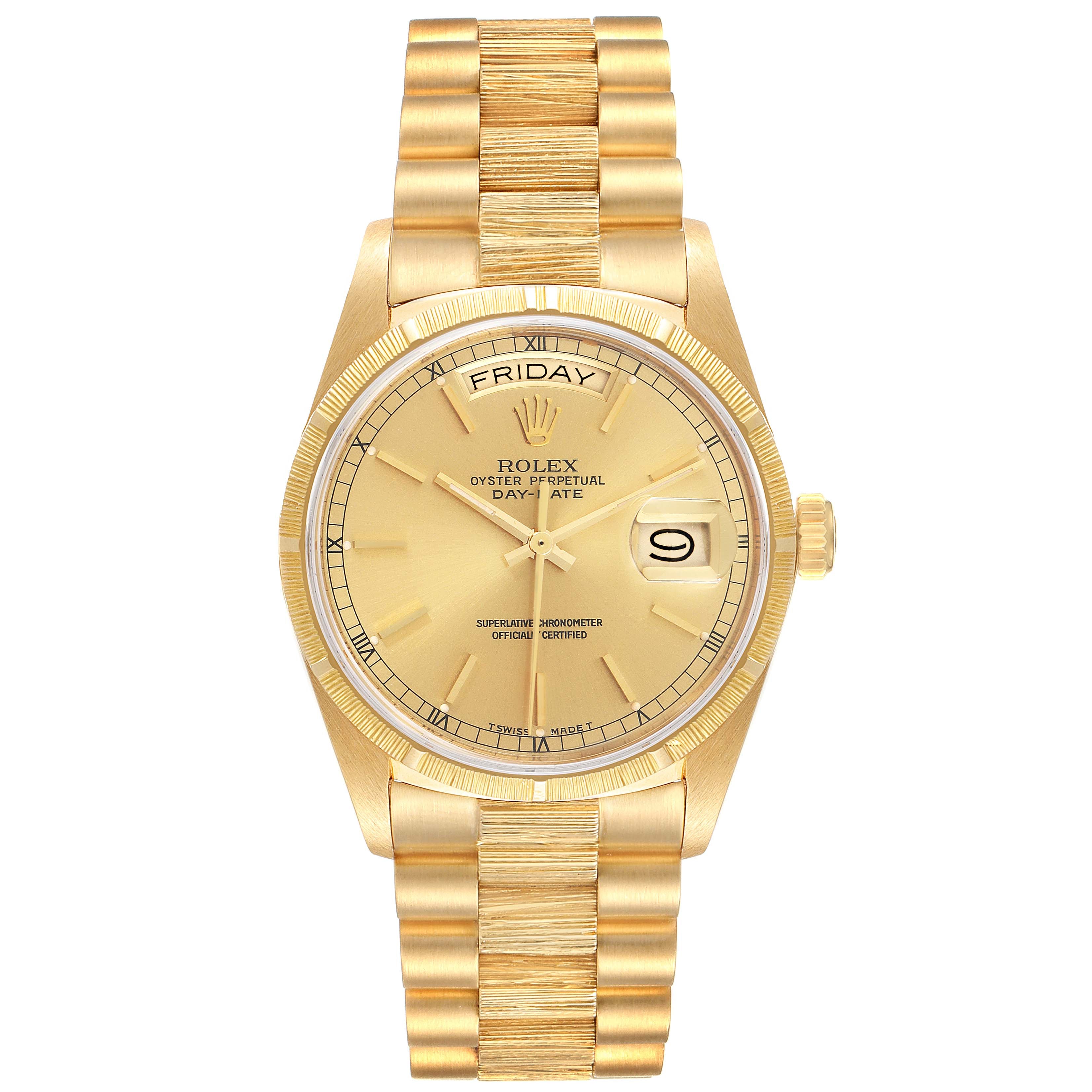 Rolex President Day-Date Bark Finish Yellow Gold Mens Watch 18078