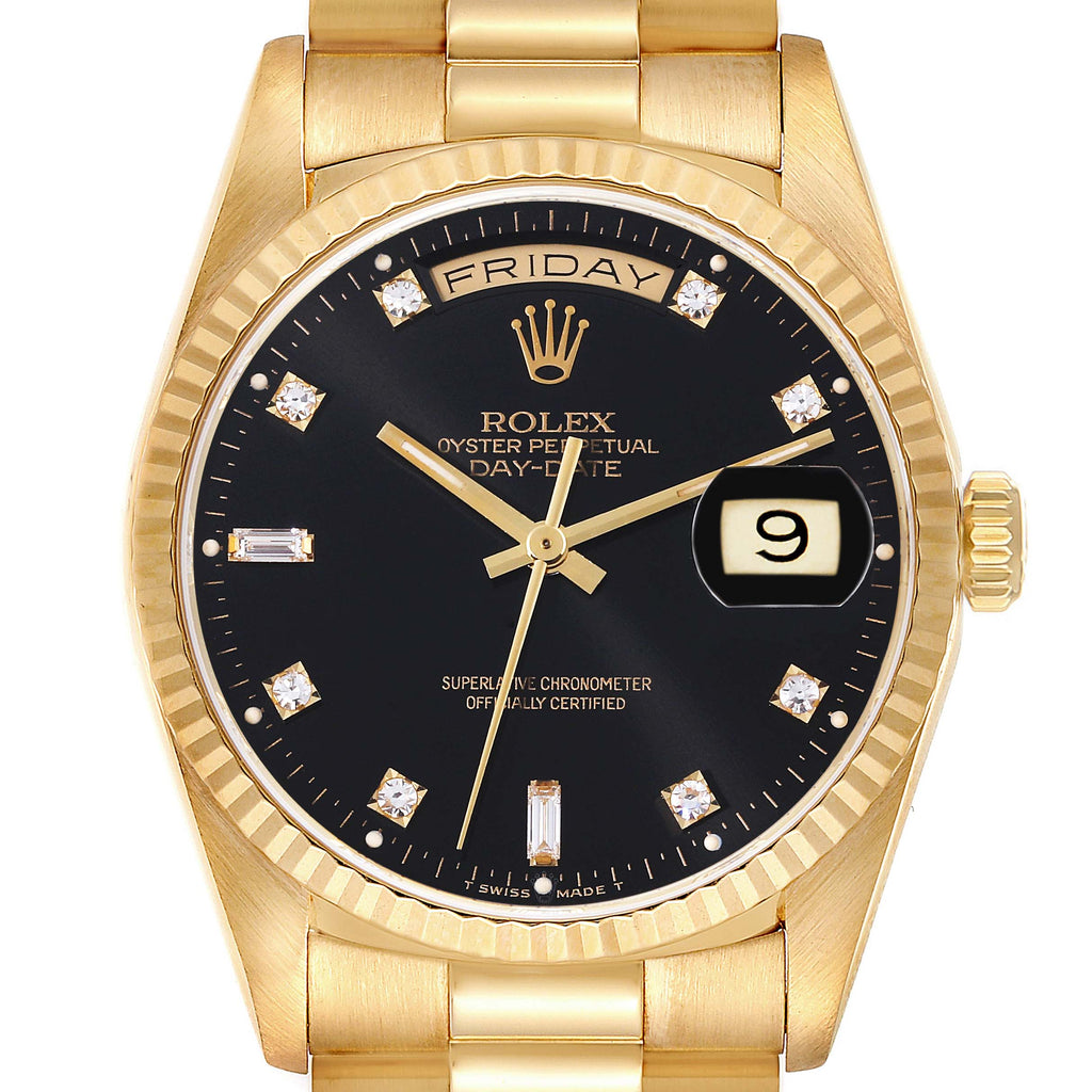 Rolex President Day-Date Yellow Gold Black Diamond Dial Mens Watch 18238 + 1 additional link