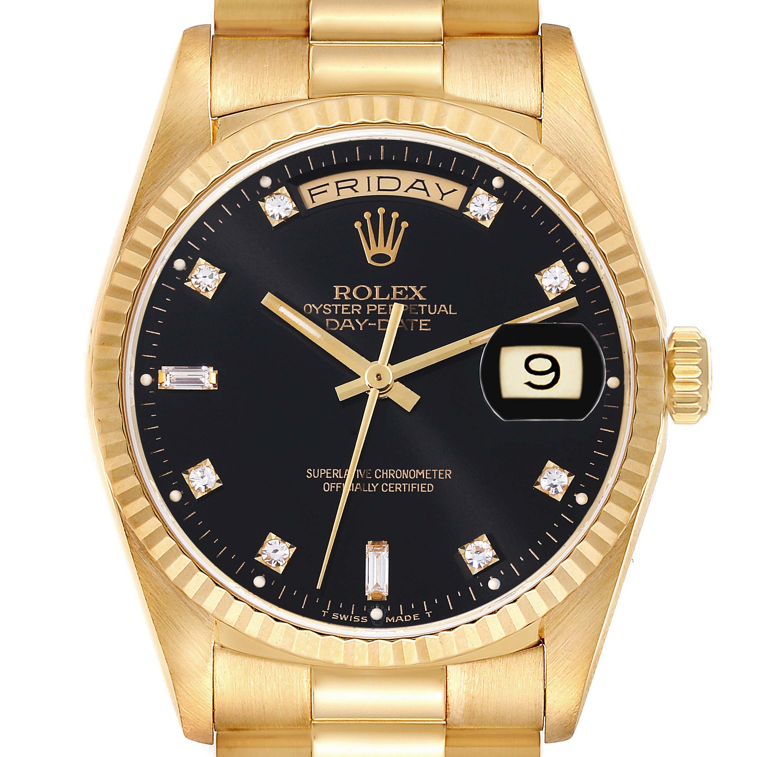 Rolex President Day-Date Yellow Gold Black Diamond Dial Mens Watch 18238 + 1 additional link