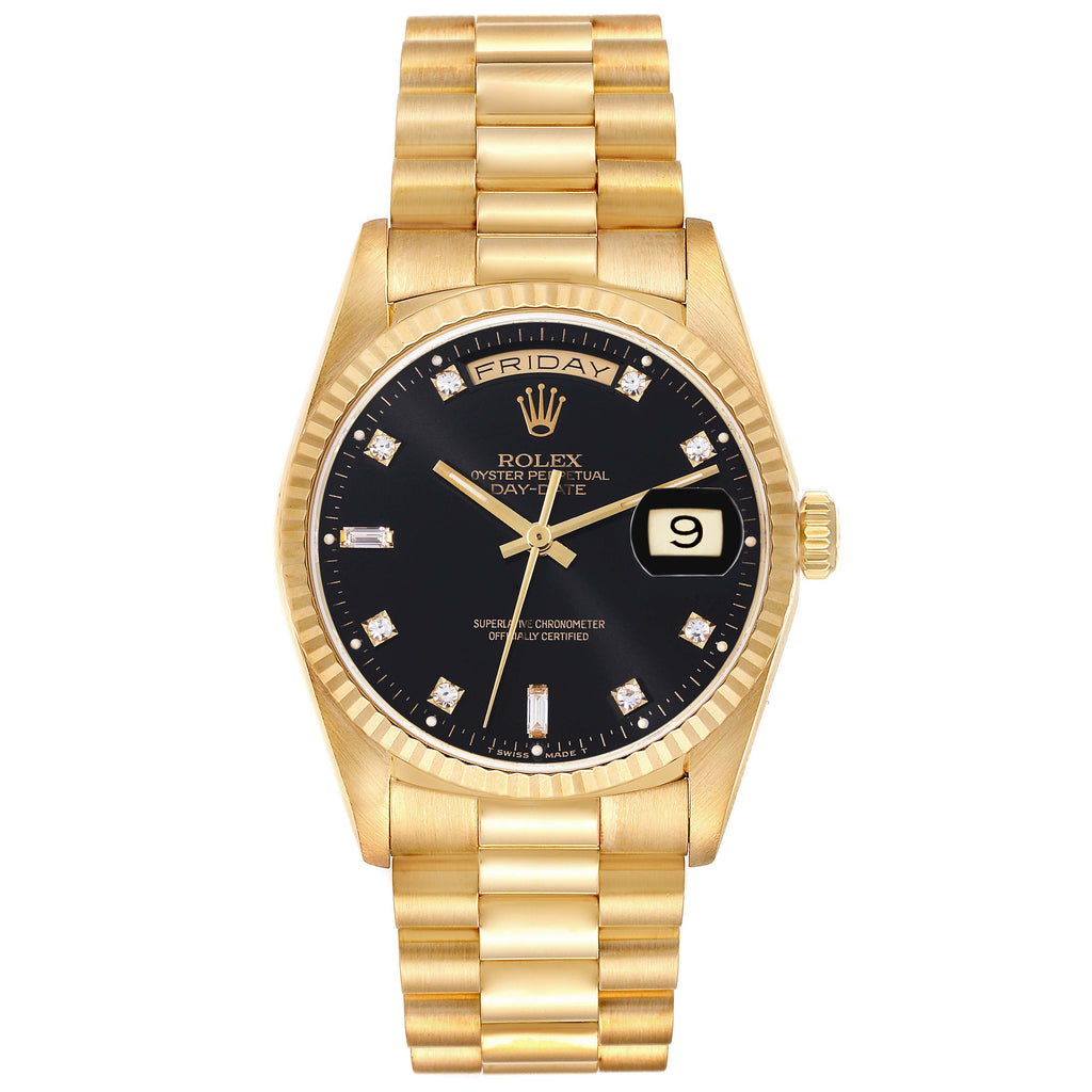 Rolex President Day-Date Yellow Gold Black Diamond Dial Mens Watch 18238 + 1 additional link