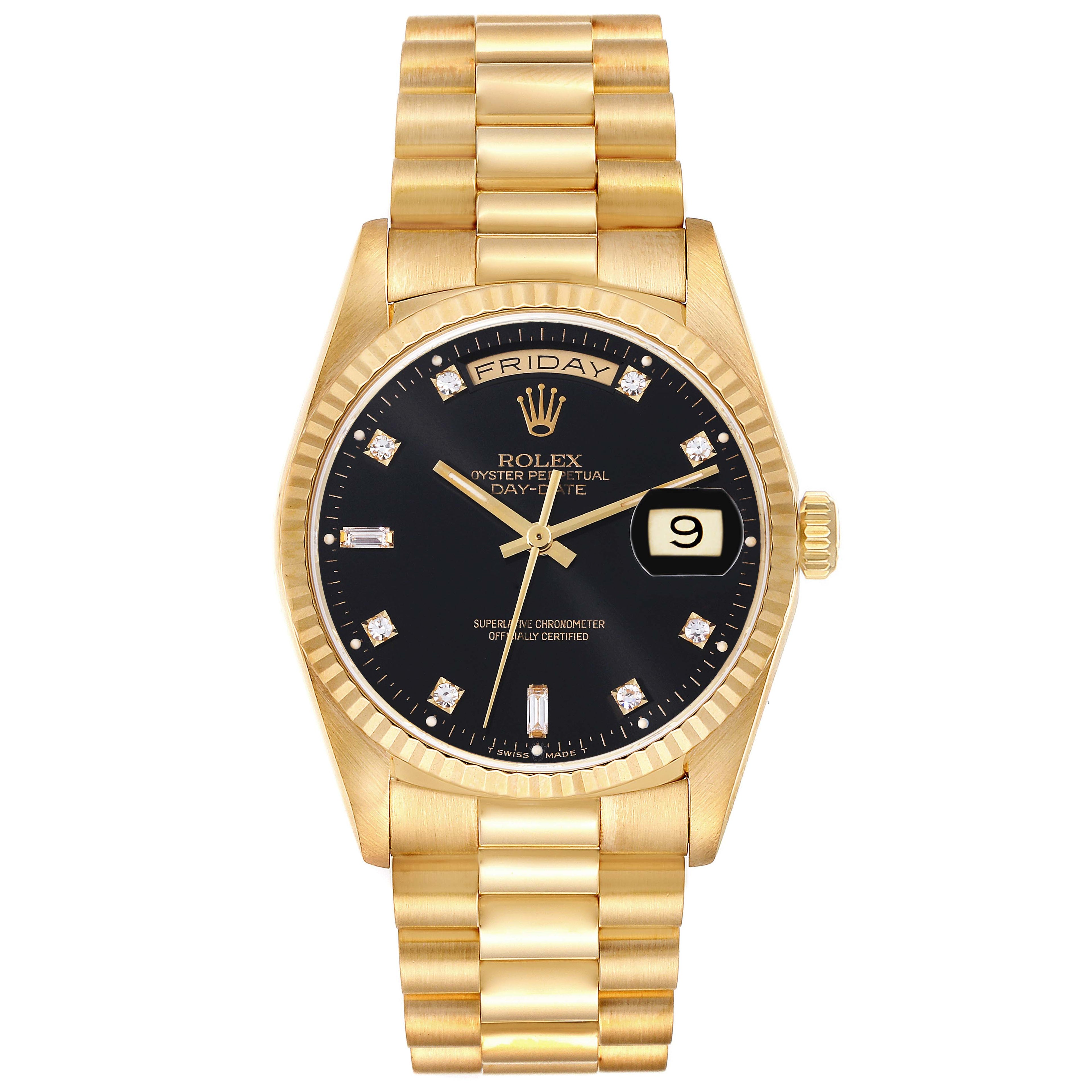Rolex President Day-Date Yellow Gold Black Diamond Dial Mens Watch 18238 + 1 additional link