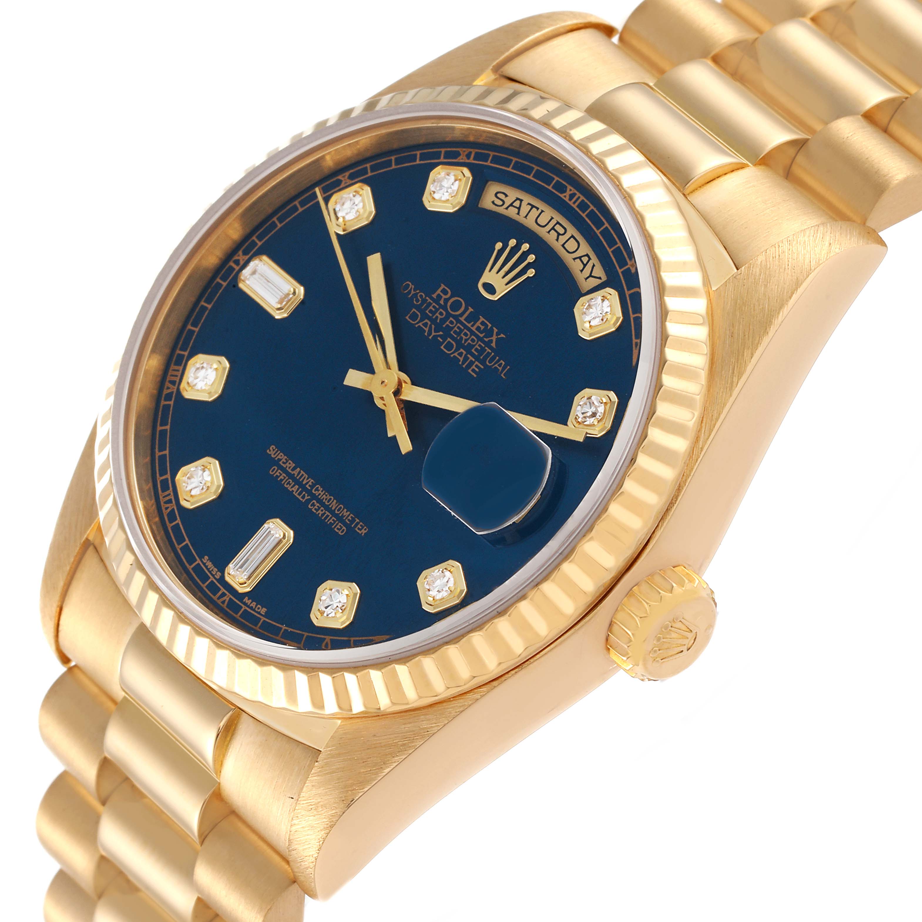Rolex President Day-Date Yellow Gold Blue Diamond Dial Watch 18238 Box  Papers