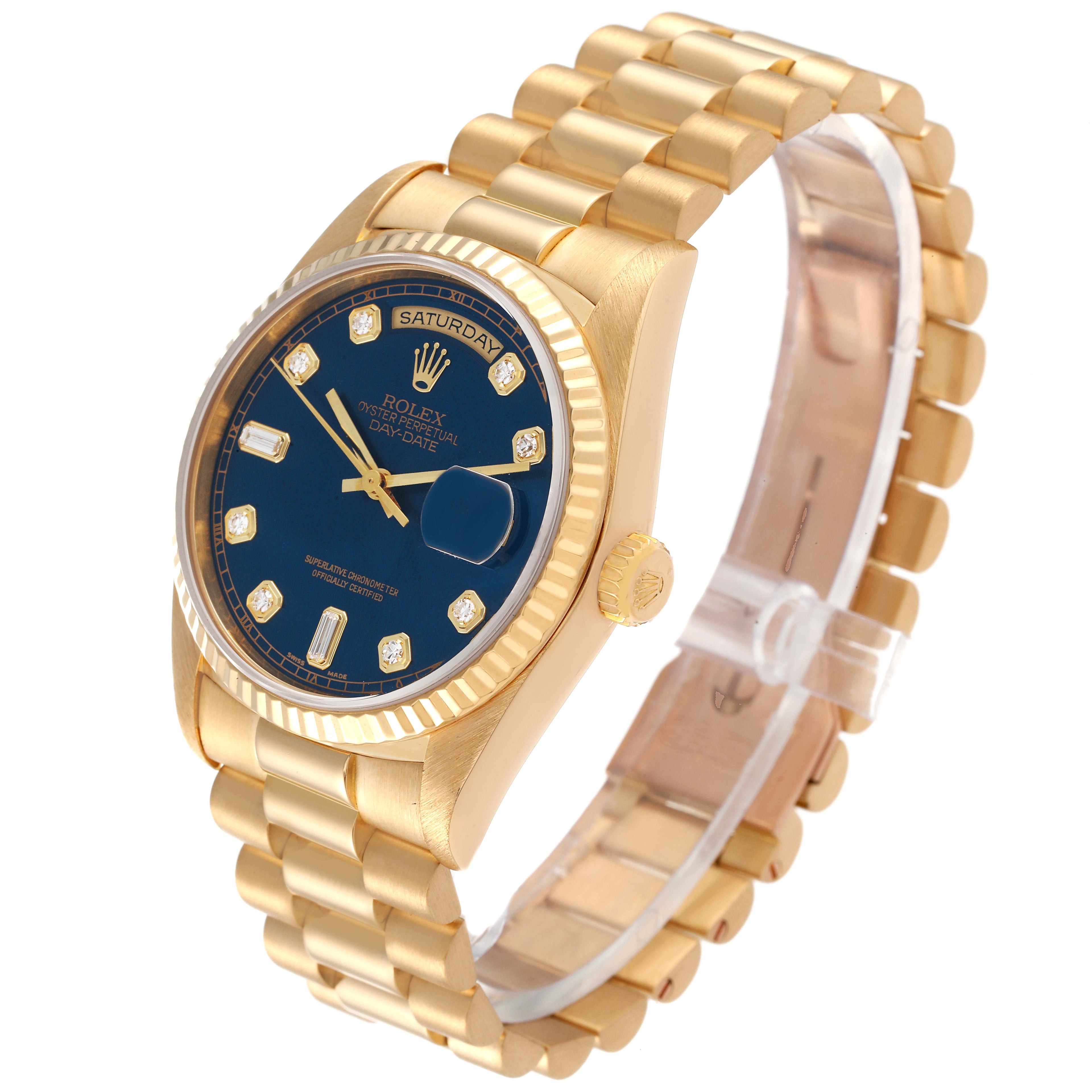Rolex President Day-Date Yellow Gold Blue Diamond Dial Watch 18238 Box  Papers