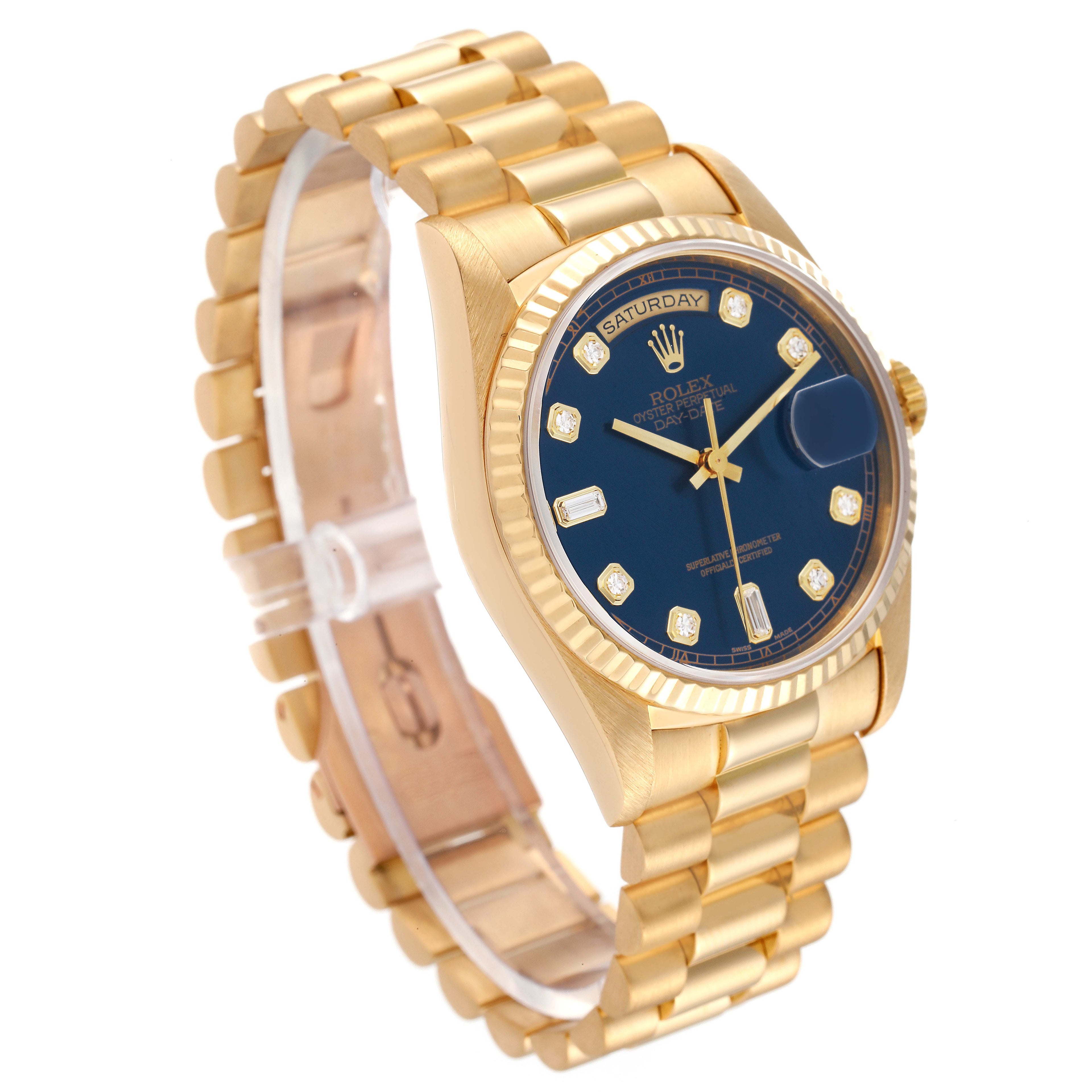 Rolex President Day-Date Yellow Gold Blue Diamond Dial Watch 18238 Box  Papers
