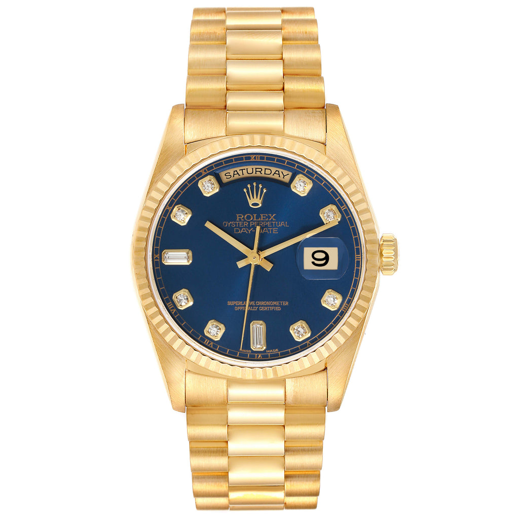 Rolex President Day-Date Yellow Gold Blue Diamond Dial Watch 18238 Box  Papers