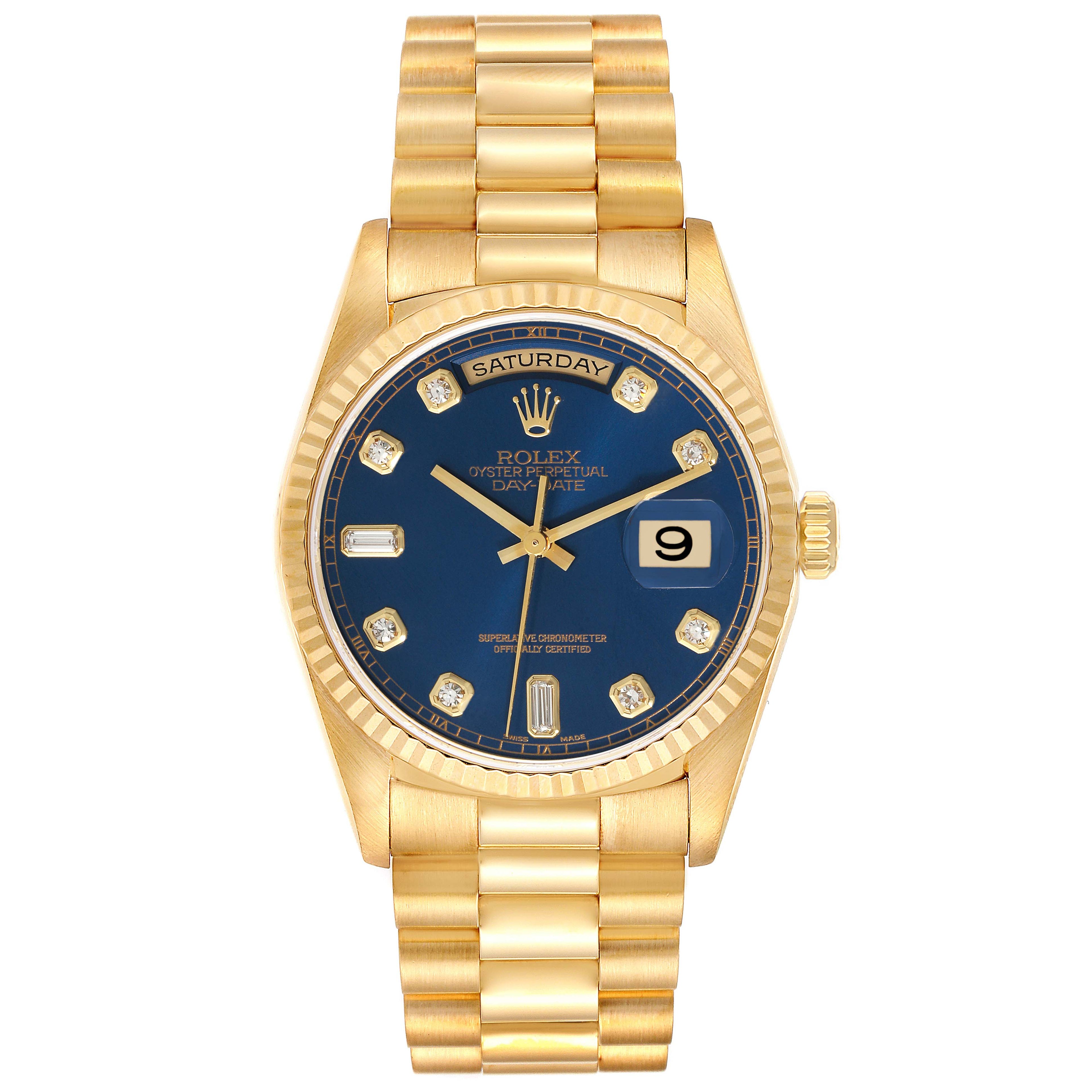 Rolex President Day-Date Yellow Gold Blue Diamond Dial Watch 18238 Box  Papers