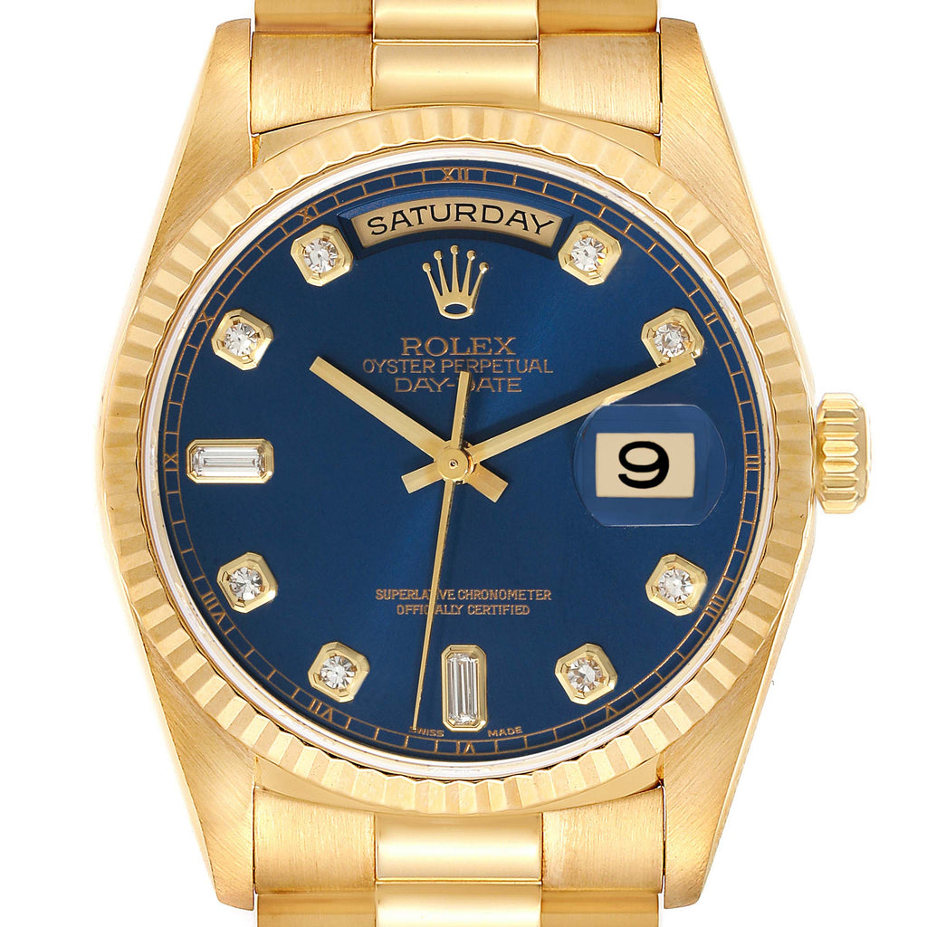 Rolex President Day-Date Yellow Gold Blue Diamond Dial Watch 18238 Box  Papers