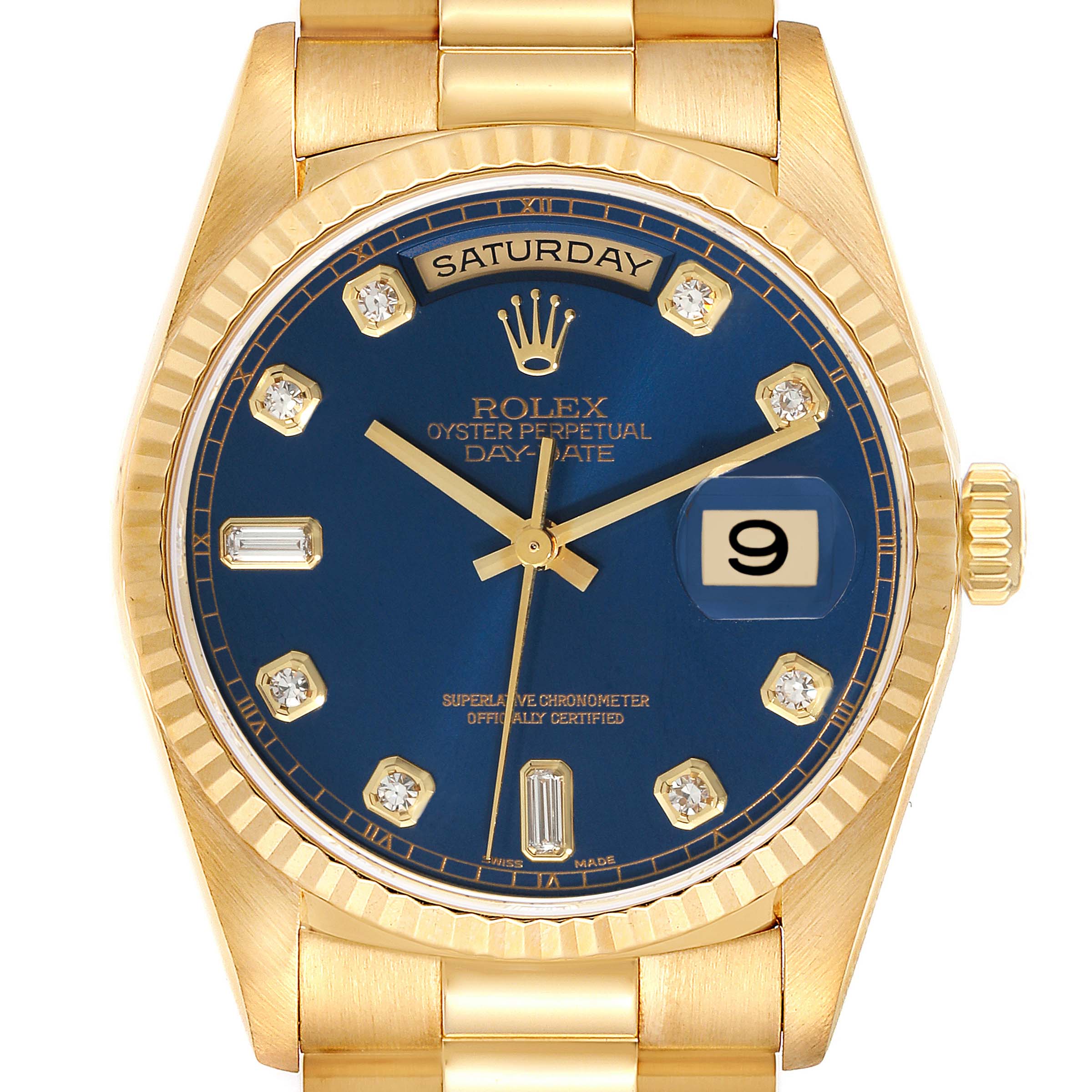 Rolex President Day-Date Yellow Gold Blue Diamond Dial Watch 18238 Box  Papers