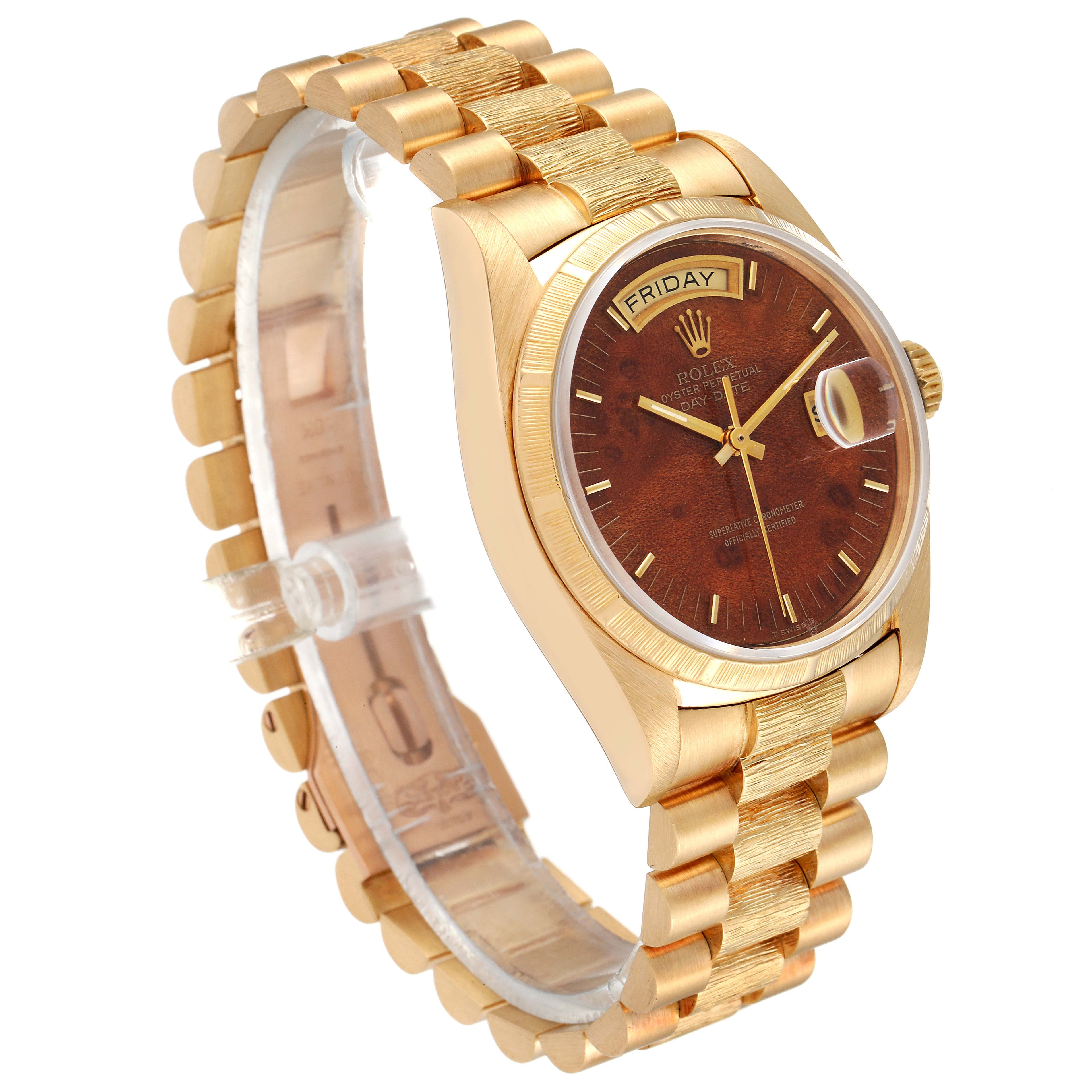 Rolex President Day-Date Yellow Gold Burl Wood Dial Mens Watch 18038