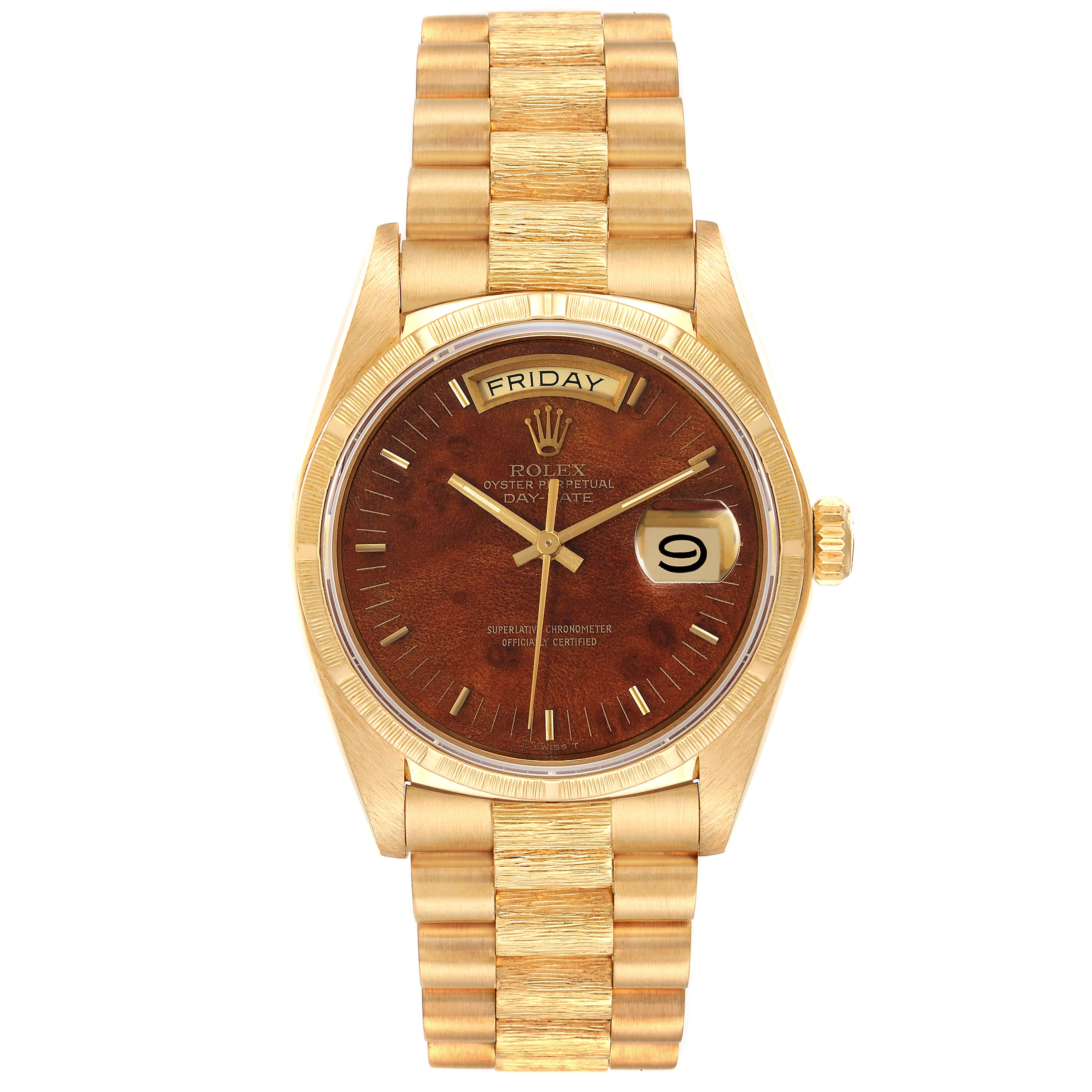 Rolex President Day-Date Yellow Gold Burl Wood Dial Mens Watch 18038