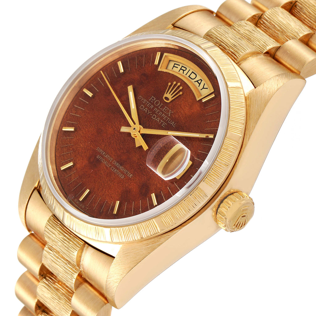Rolex President Day-Date Yellow Gold Burl Wood Dial Mens Watch 18038
