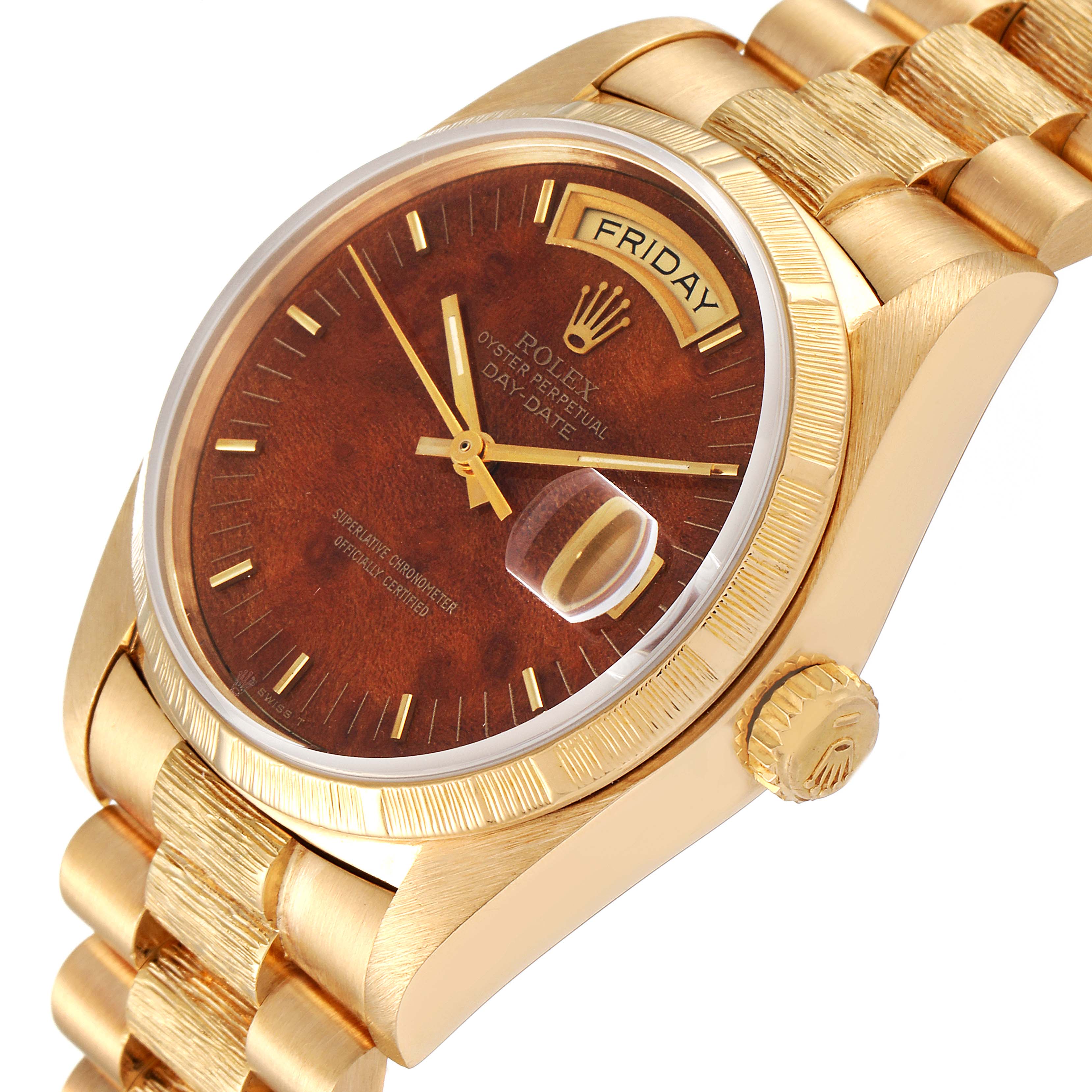 Rolex President Day-Date Yellow Gold Burl Wood Dial Mens Watch 18038