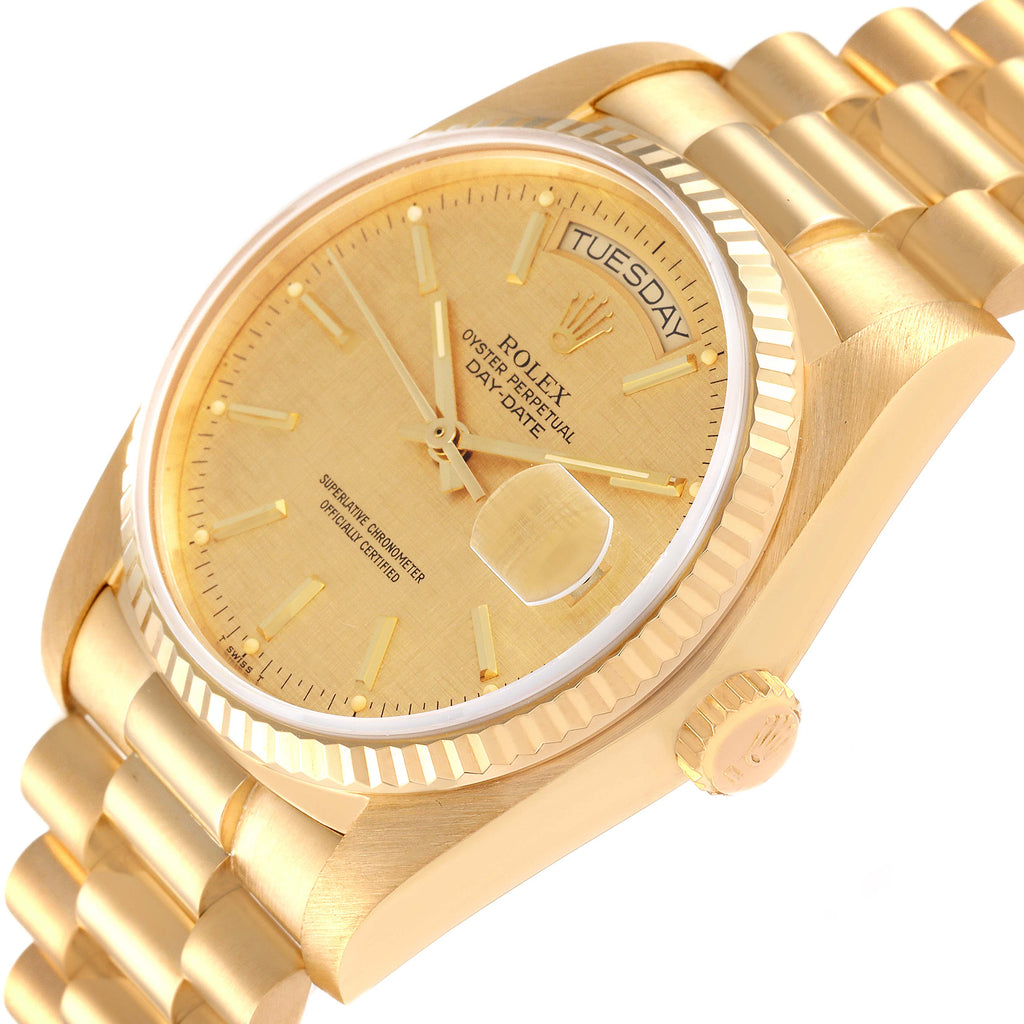 Rolex President Day-Date Yellow Gold Champagne Linen Dial Mens Watch 18038 Box Papers