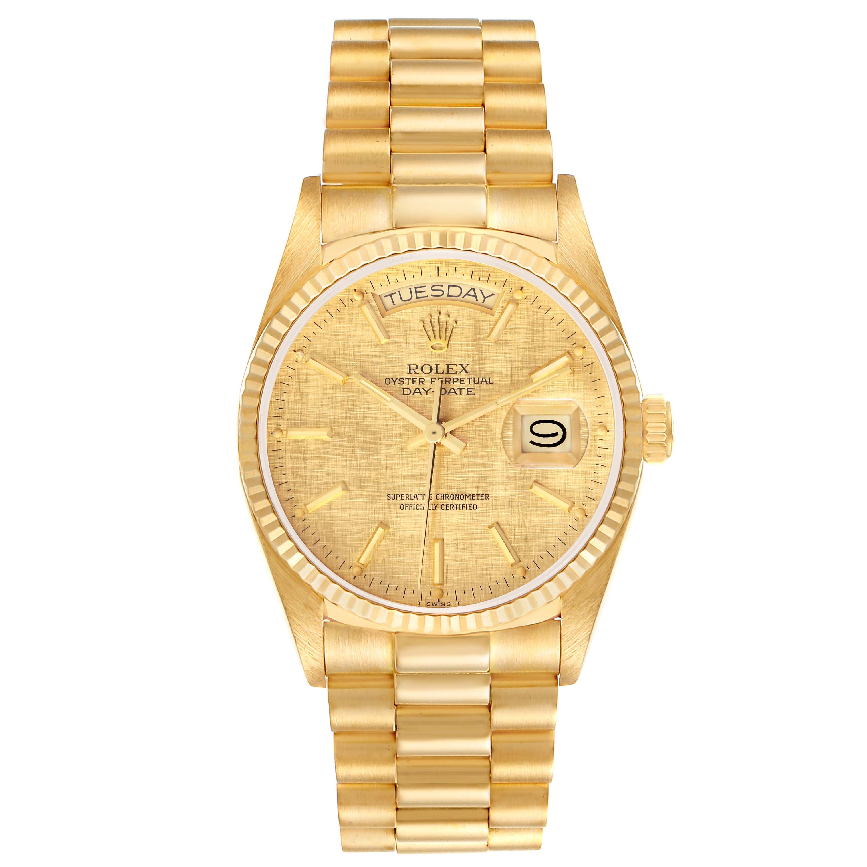Rolex President Day-Date Yellow Gold Champagne Linen Dial Mens Watch 18038 Box Papers