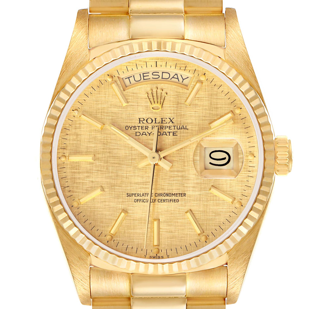 Rolex President Day-Date Yellow Gold Champagne Linen Dial Mens Watch 18038 Box Papers