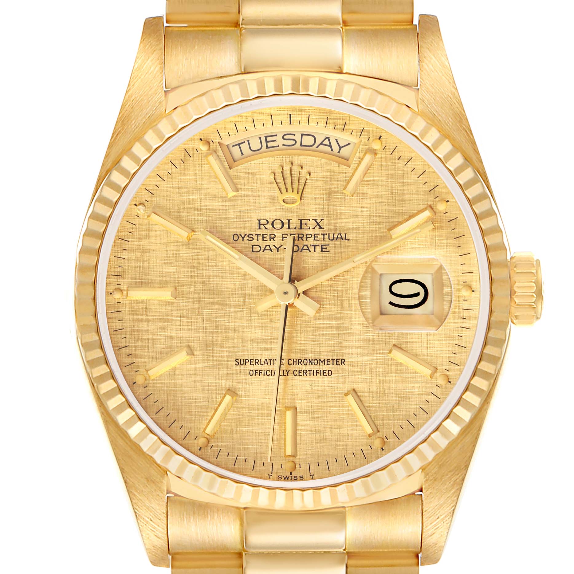 Rolex President Day-Date Yellow Gold Champagne Linen Dial Mens Watch 18038 Box Papers