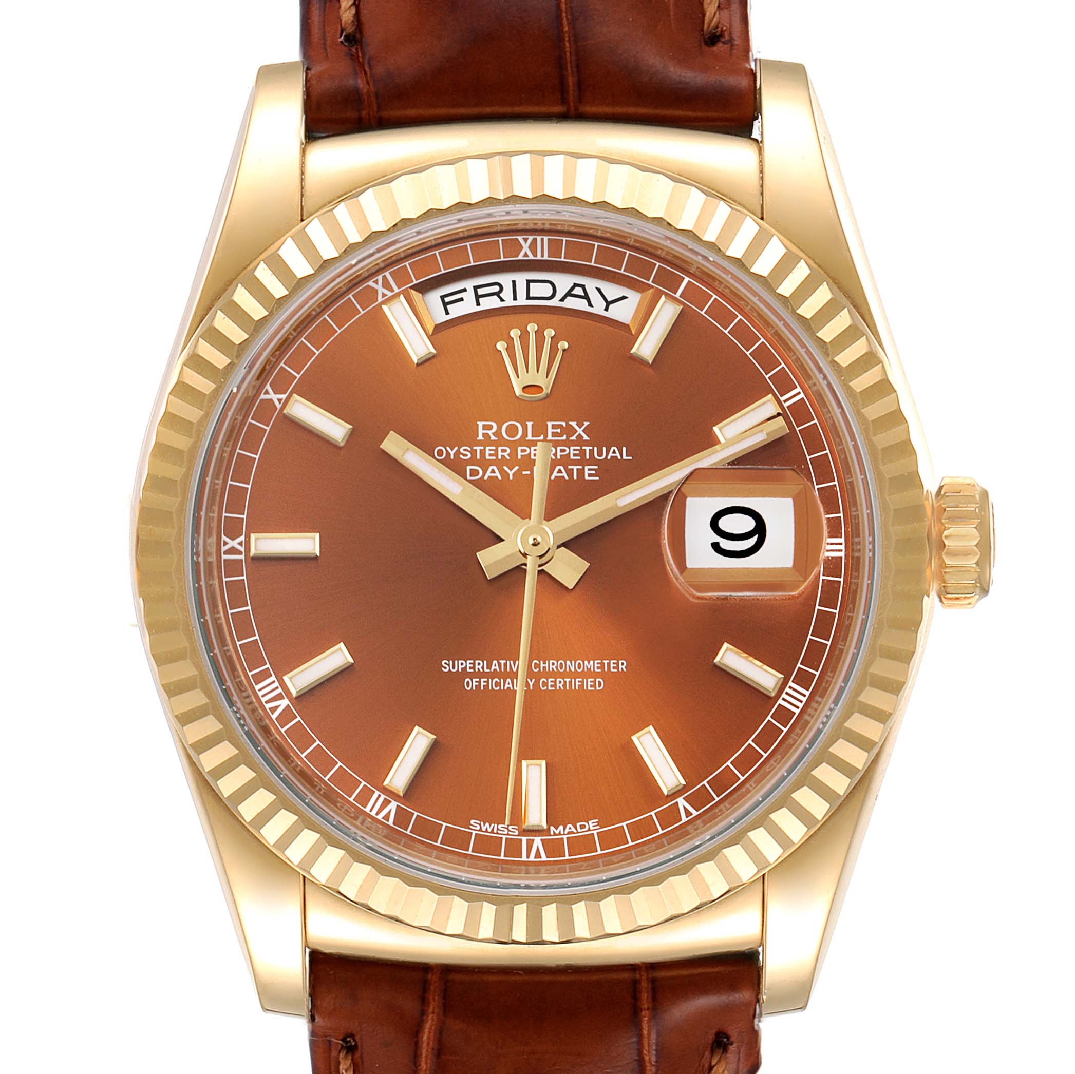 Rolex President Day-Date Yellow Gold Cognac Dial Mens Watch 118138 Box Card