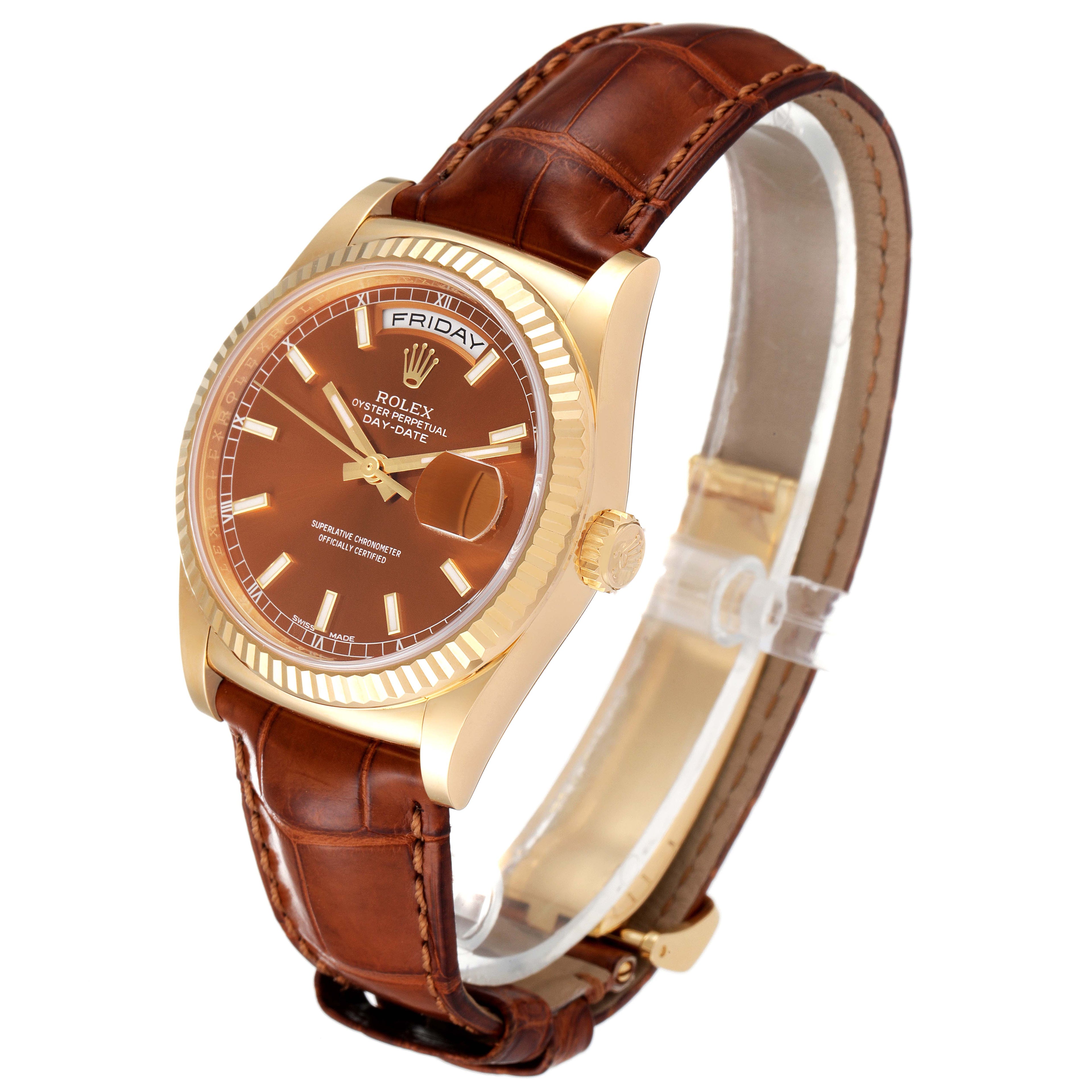 Rolex President Day-Date Yellow Gold Cognac Dial Mens Watch 118138 Box Card