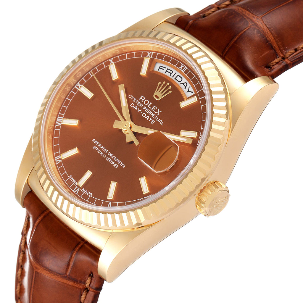 Rolex President Day-Date Yellow Gold Cognac Dial Mens Watch 118138 Box Card