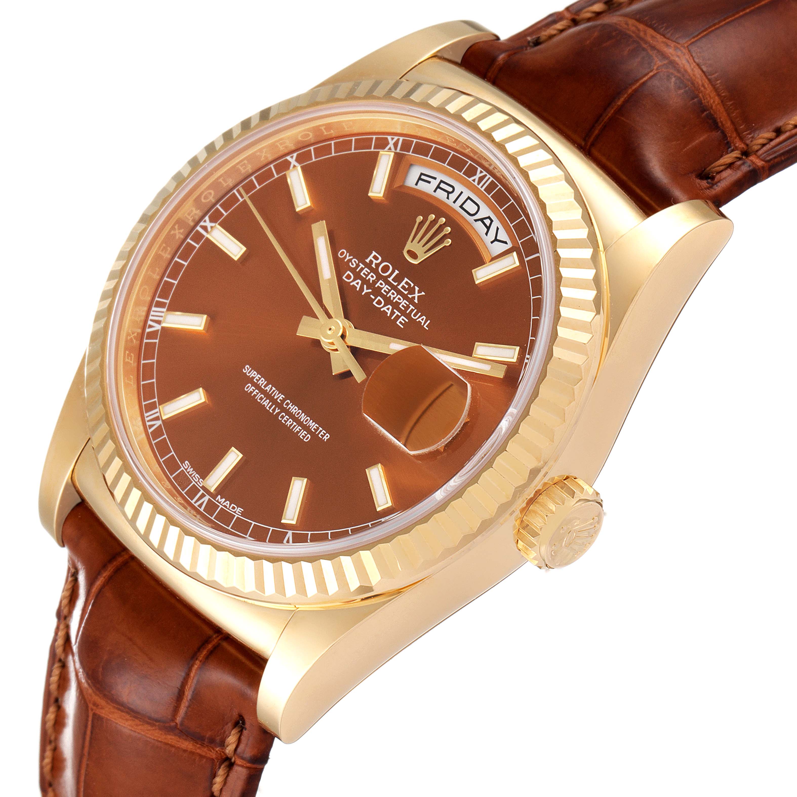 Rolex President Day-Date Yellow Gold Cognac Dial Mens Watch 118138 Box Card