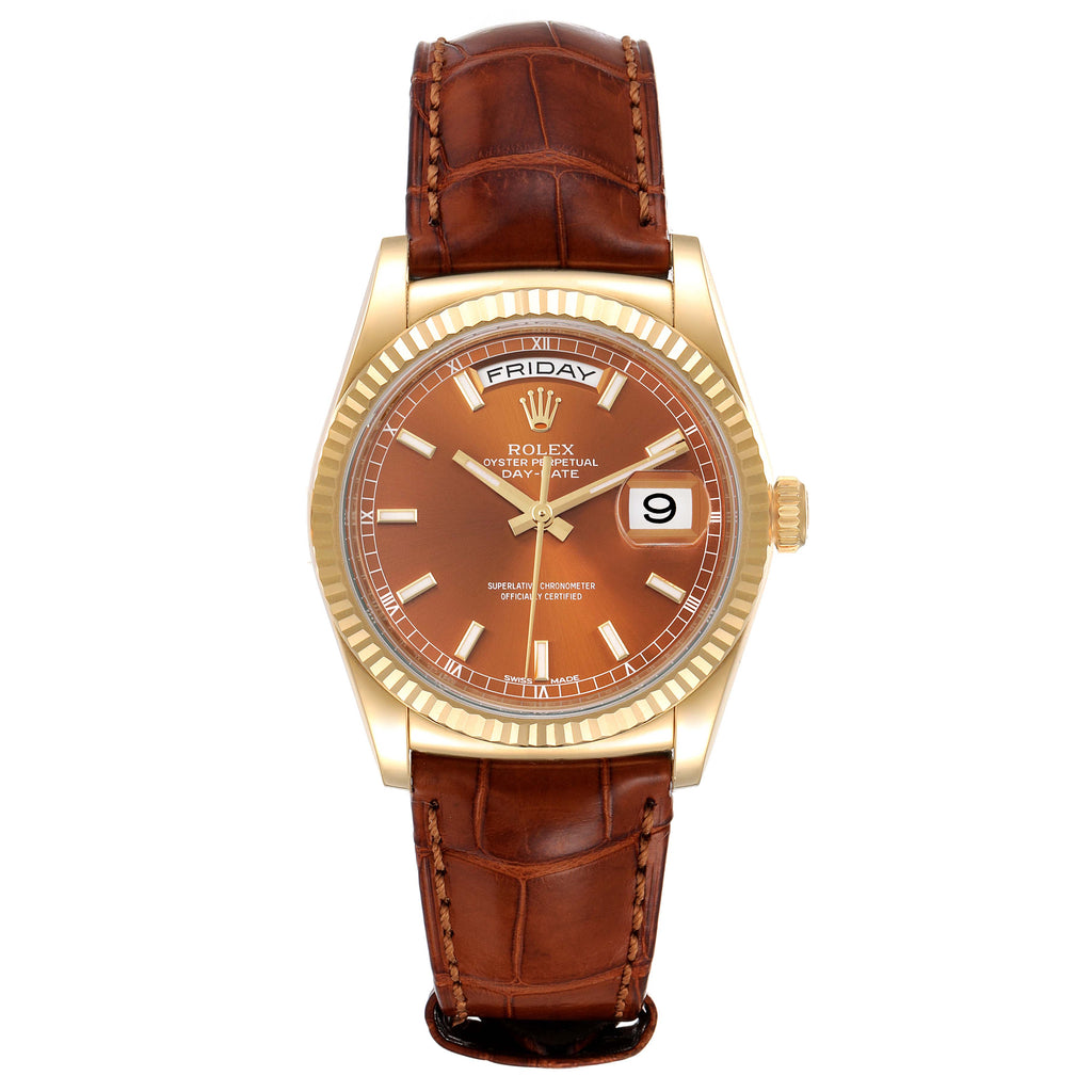 Rolex President Day-Date Yellow Gold Cognac Dial Mens Watch 118138 Box Card