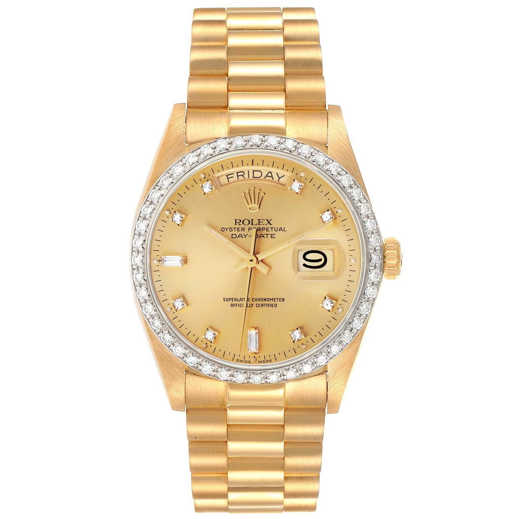 Rolex President Day-Date Yellow Gold Diamond Bezel  Watch 18048 Papers