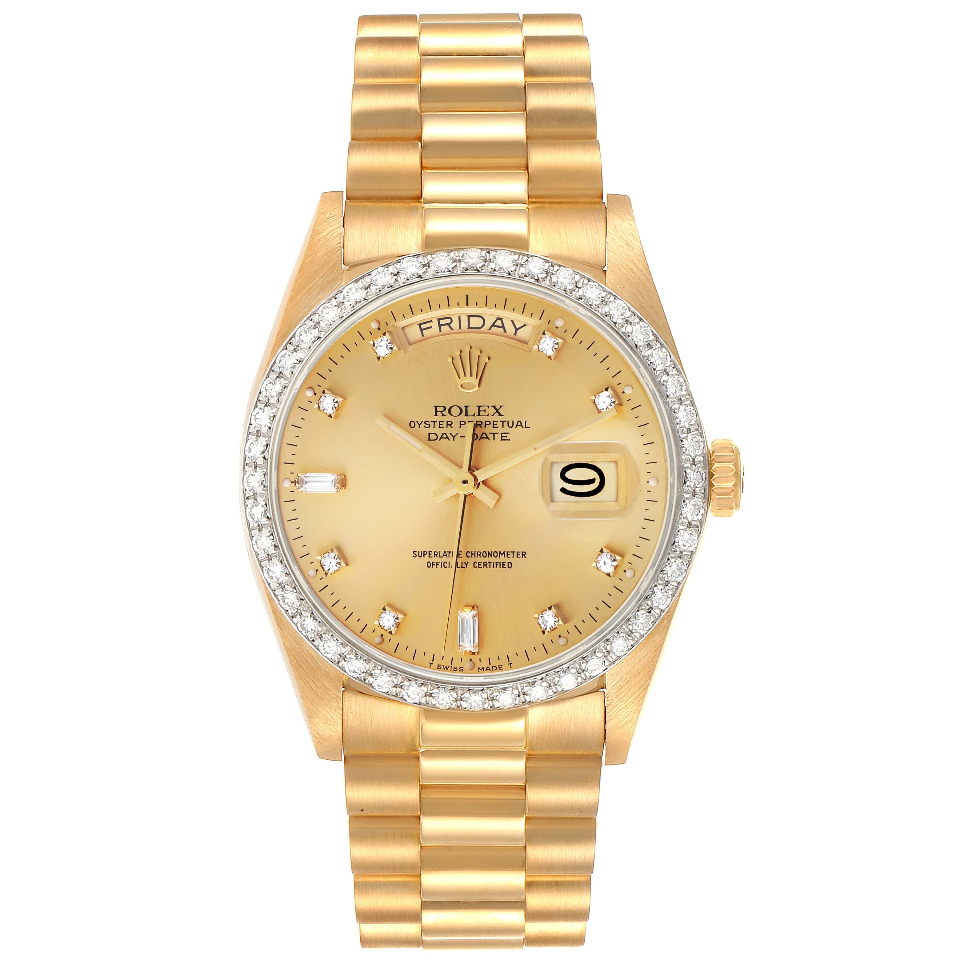 Rolex President Day-Date Yellow Gold Diamond Bezel  Watch 18048 Papers