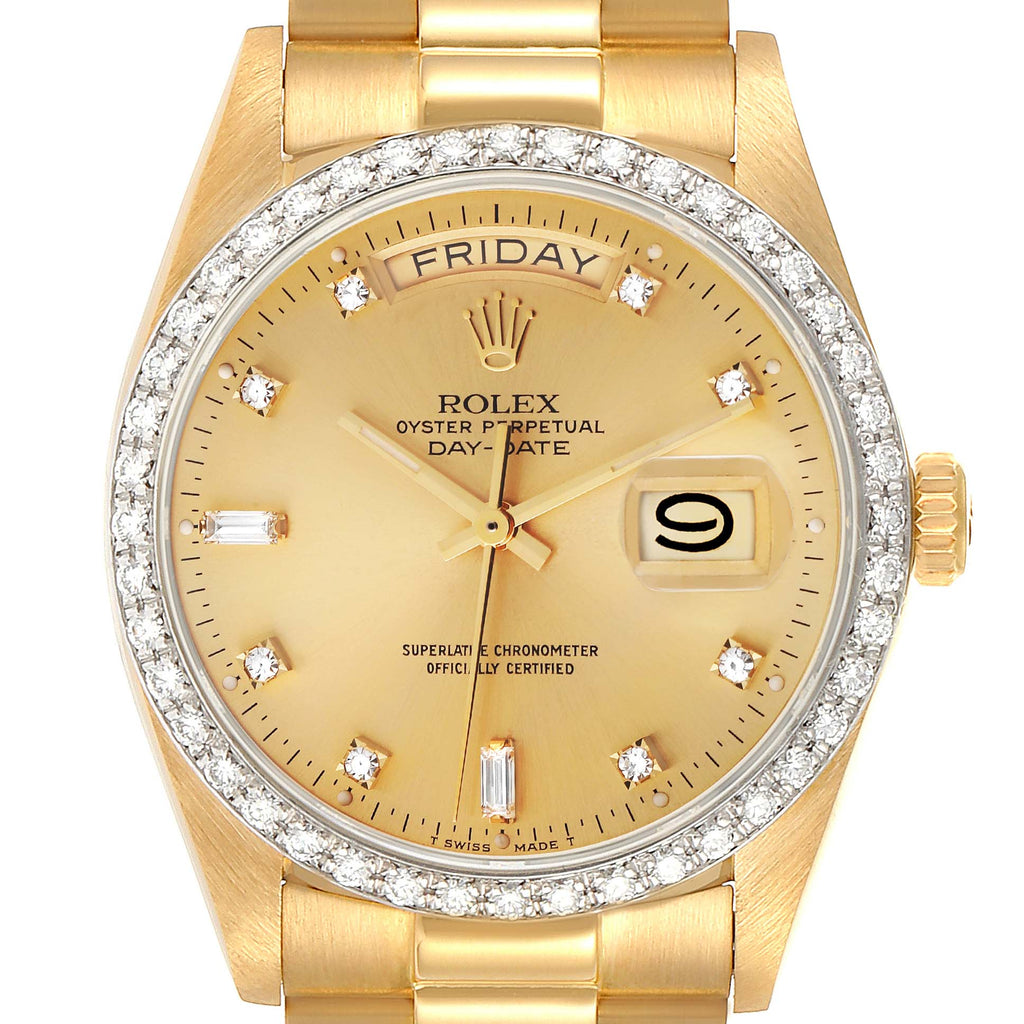 Rolex President Day-Date Yellow Gold Diamond Bezel  Watch 18048 Papers