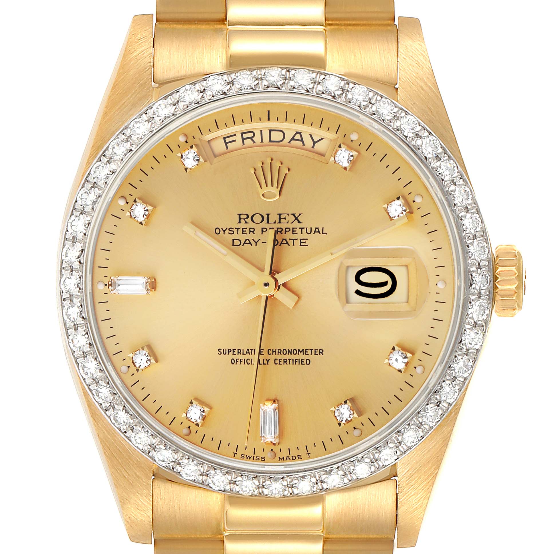Rolex President Day-Date Yellow Gold Diamond Bezel  Watch 18048 Papers