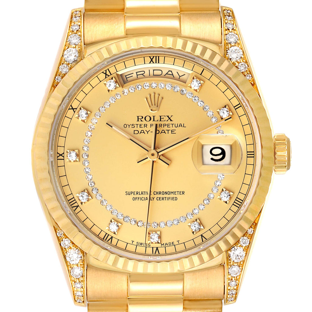 Rolex President Day Date Yellow Gold Diamond Lugs Mens Watch 18338