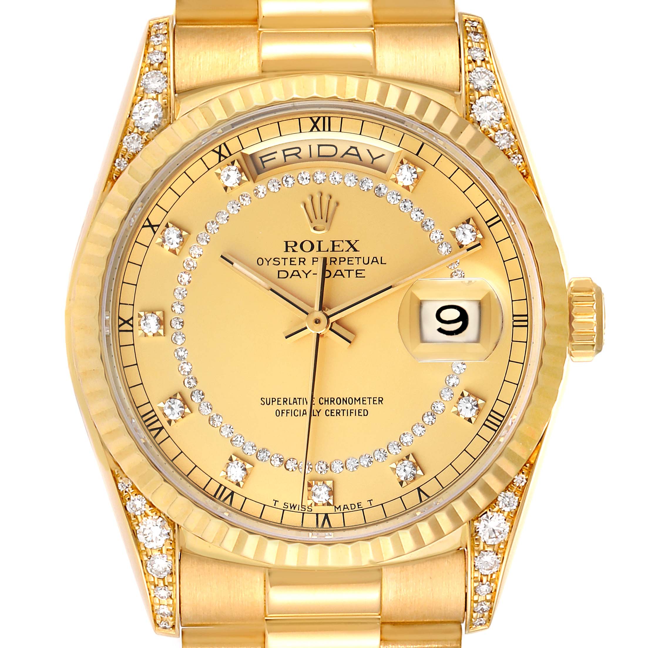 Rolex President Day Date Yellow Gold Diamond Lugs Mens Watch 18338