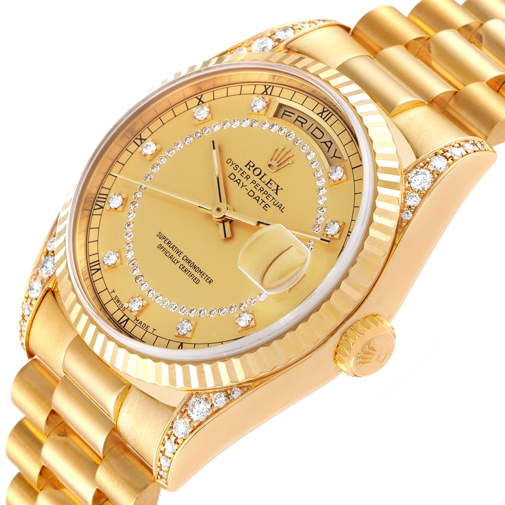 Rolex President Day Date Yellow Gold Diamond Lugs Mens Watch 18338