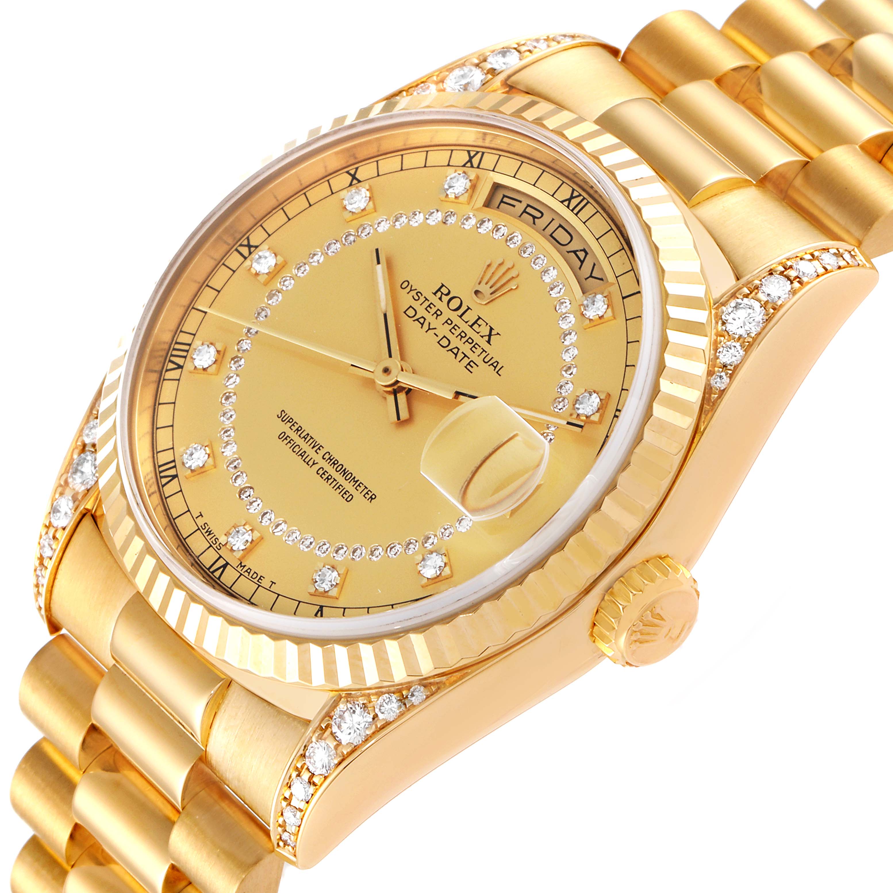 Rolex President Day Date Yellow Gold Diamond Lugs Mens Watch 18338
