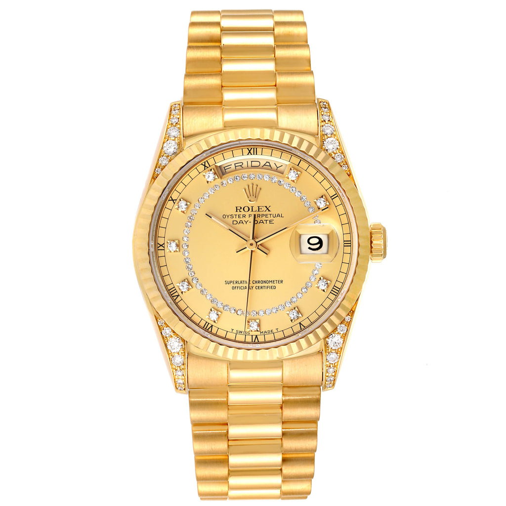 Rolex President Day Date Yellow Gold Diamond Lugs Mens Watch 18338