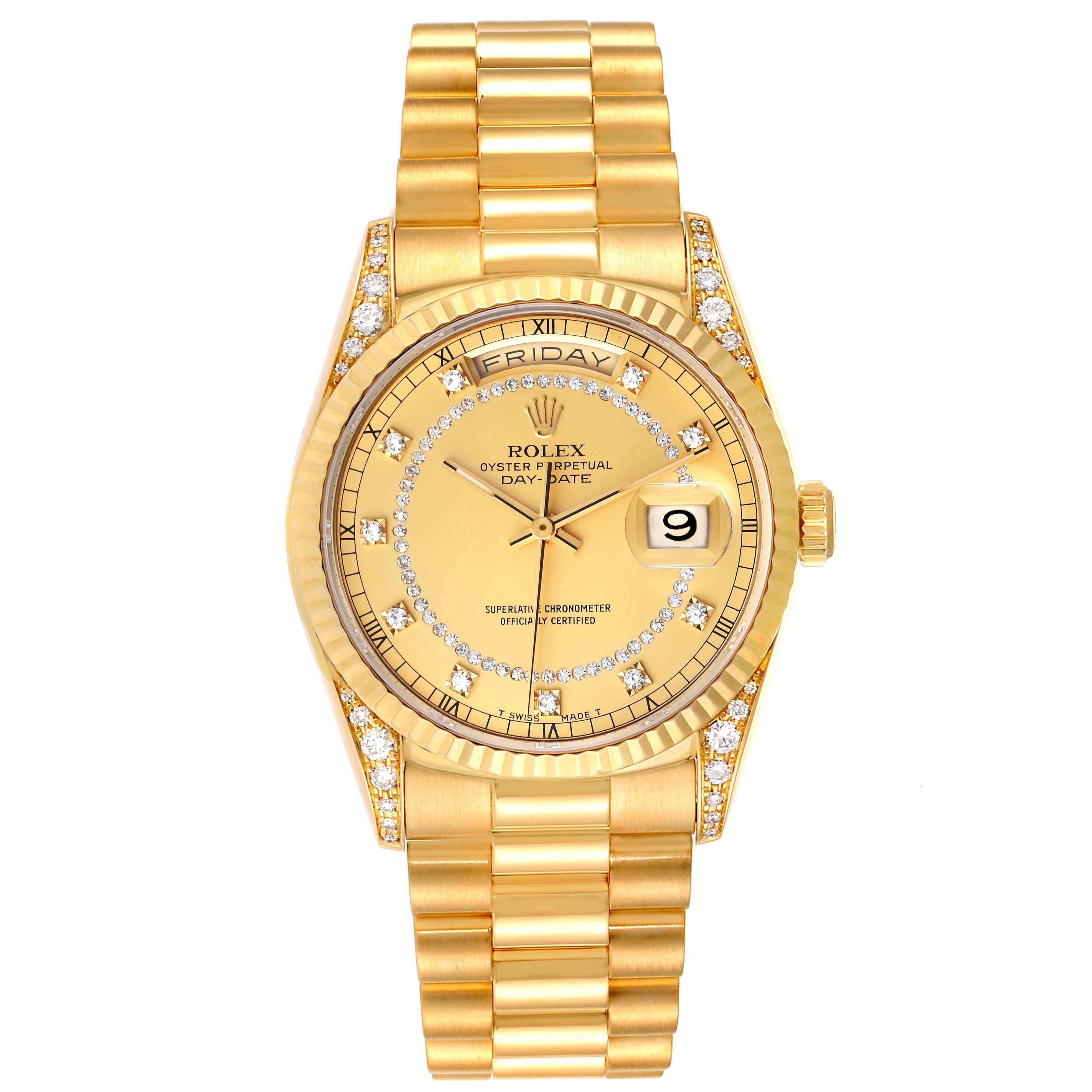 Rolex President Day Date Yellow Gold Diamond Lugs Mens Watch 18338