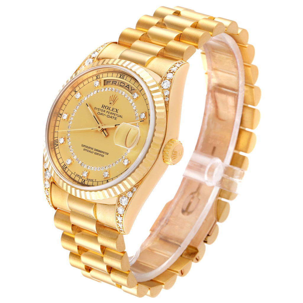 Rolex President Day Date Yellow Gold Diamond Lugs Mens Watch 18338