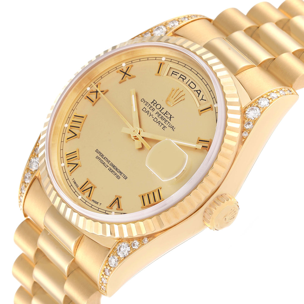 Rolex President Day Date Yellow Gold Diamond Lugs Mens Watch 18338 Papers
