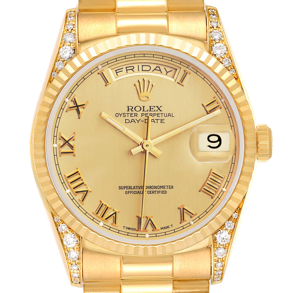 Rolex President Day Date Yellow Gold Diamond Lugs Mens Watch 18338 Papers