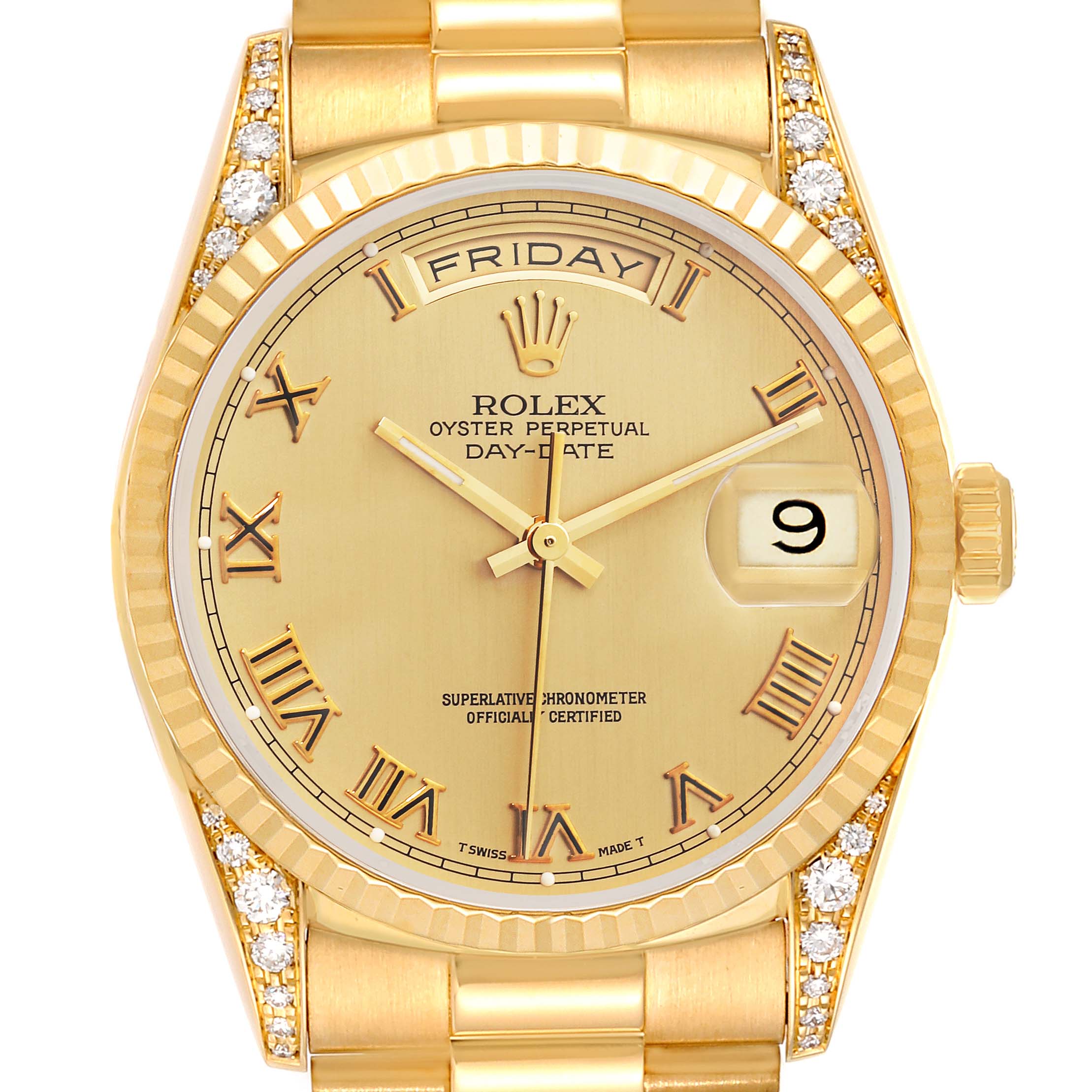 Rolex President Day Date Yellow Gold Diamond Lugs Mens Watch 18338 Papers